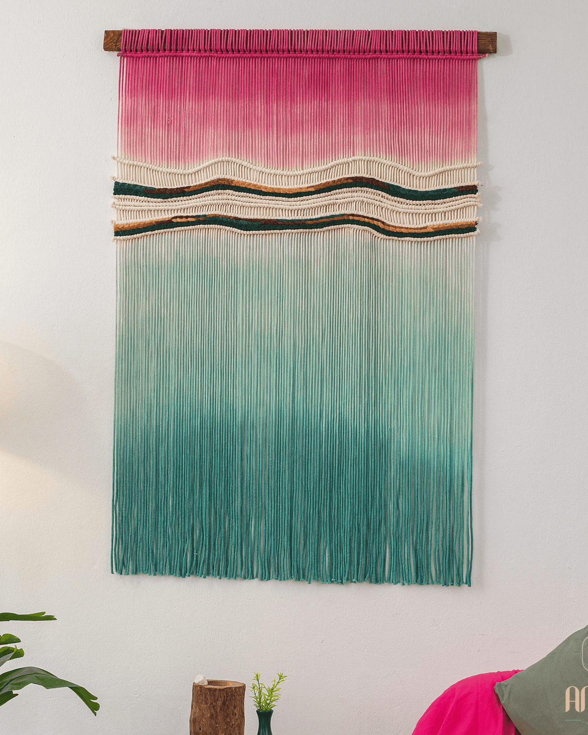 Large format hand-dyed macrame wall painting in blue and pink RM03