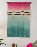 Large format hand-dyed macrame wall painting in blue and pink RM03