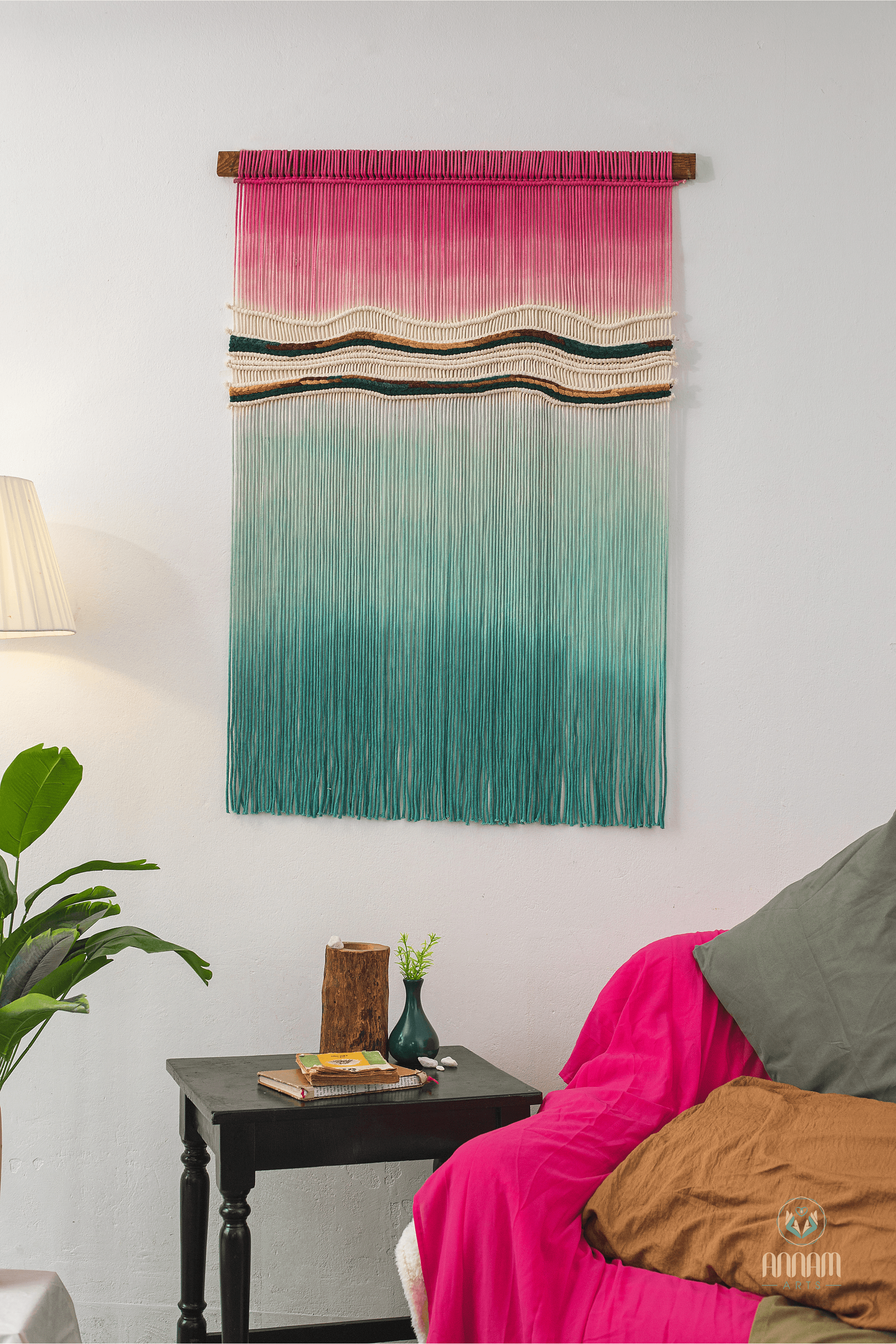 Large format hand-dyed macrame wall painting in blue and pink RM03