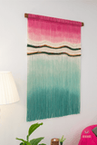 Large format hand-dyed macrame wall painting in blue and pink RM03