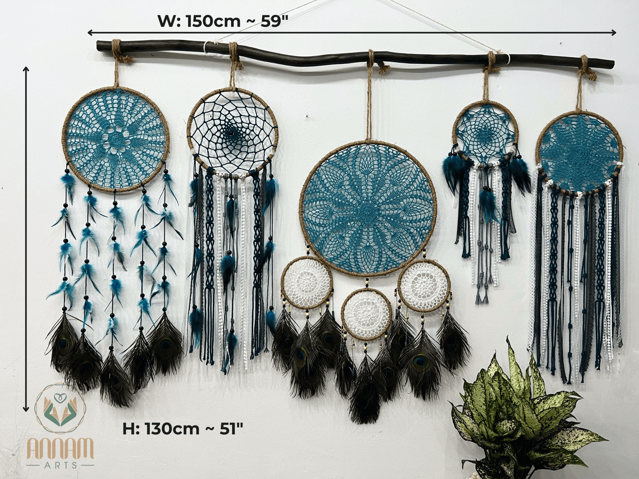 Set of 5 Large Peacock Feather Dreamcatcher - SD06