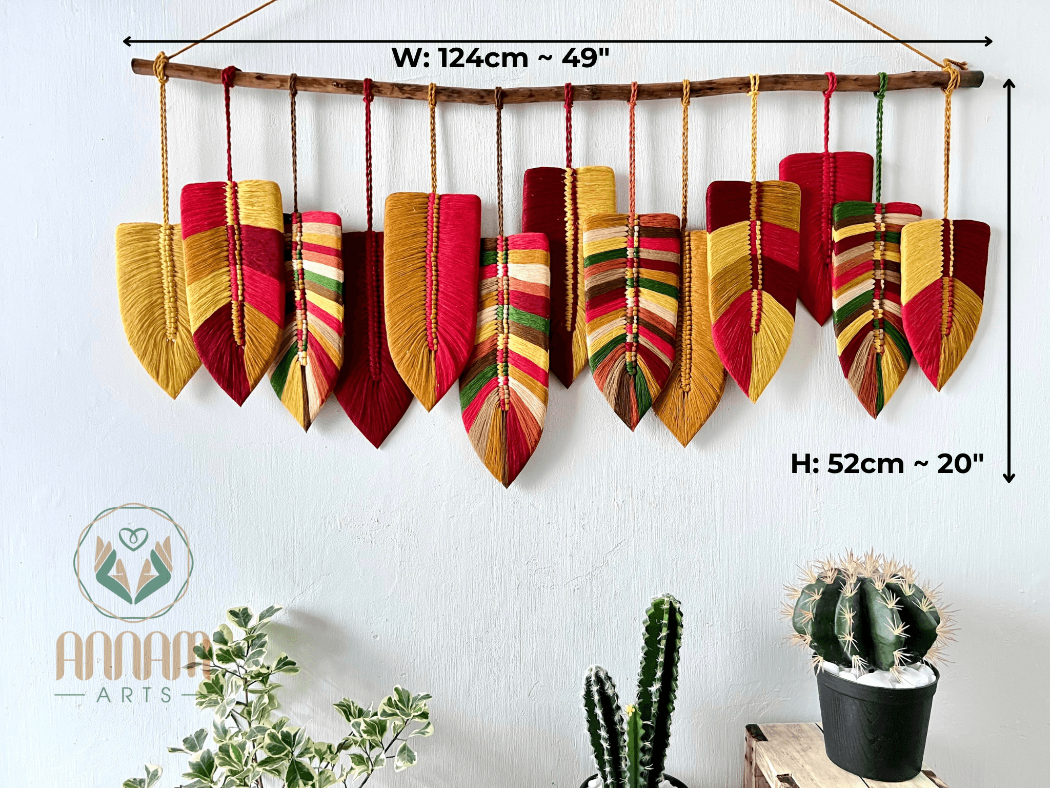 Large macrame leaf wall hanging in red tone LM10