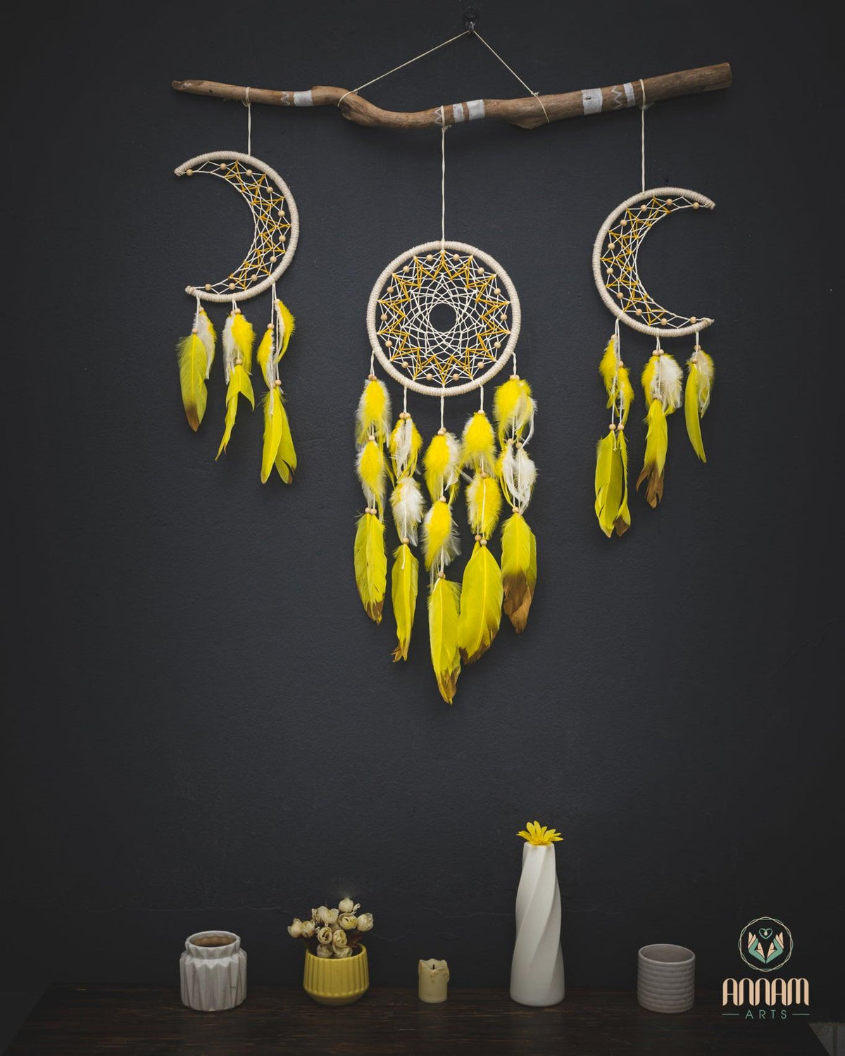 Set of 3 yellow moon Dreamcatchers SD23