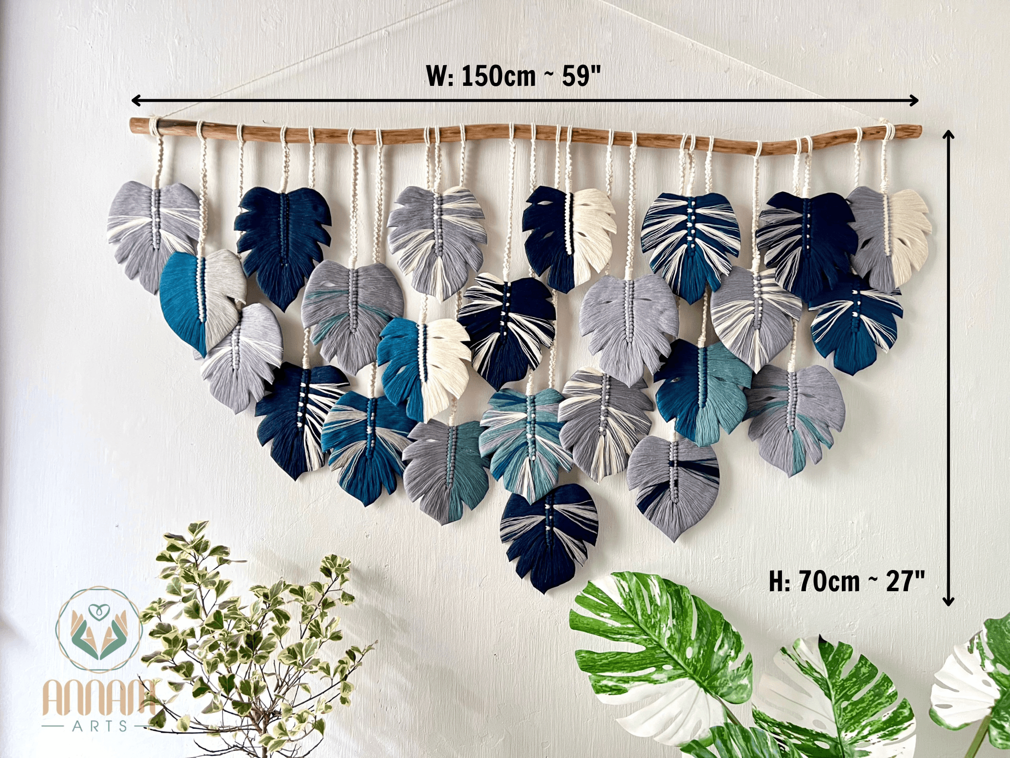 Macrame Monstera wall hanging Gray and navy blue LM02