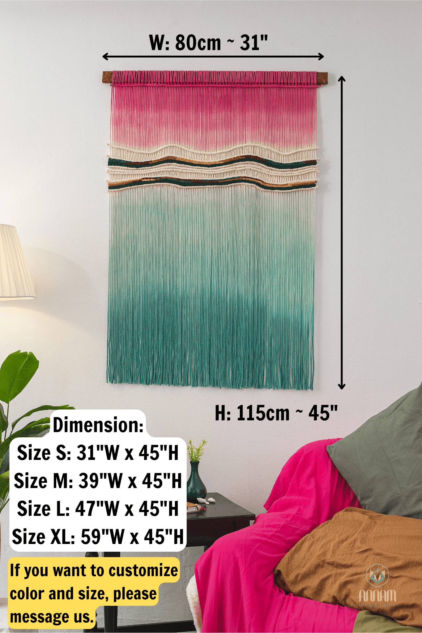 Large format hand-dyed macrame wall painting in blue and pink RM03