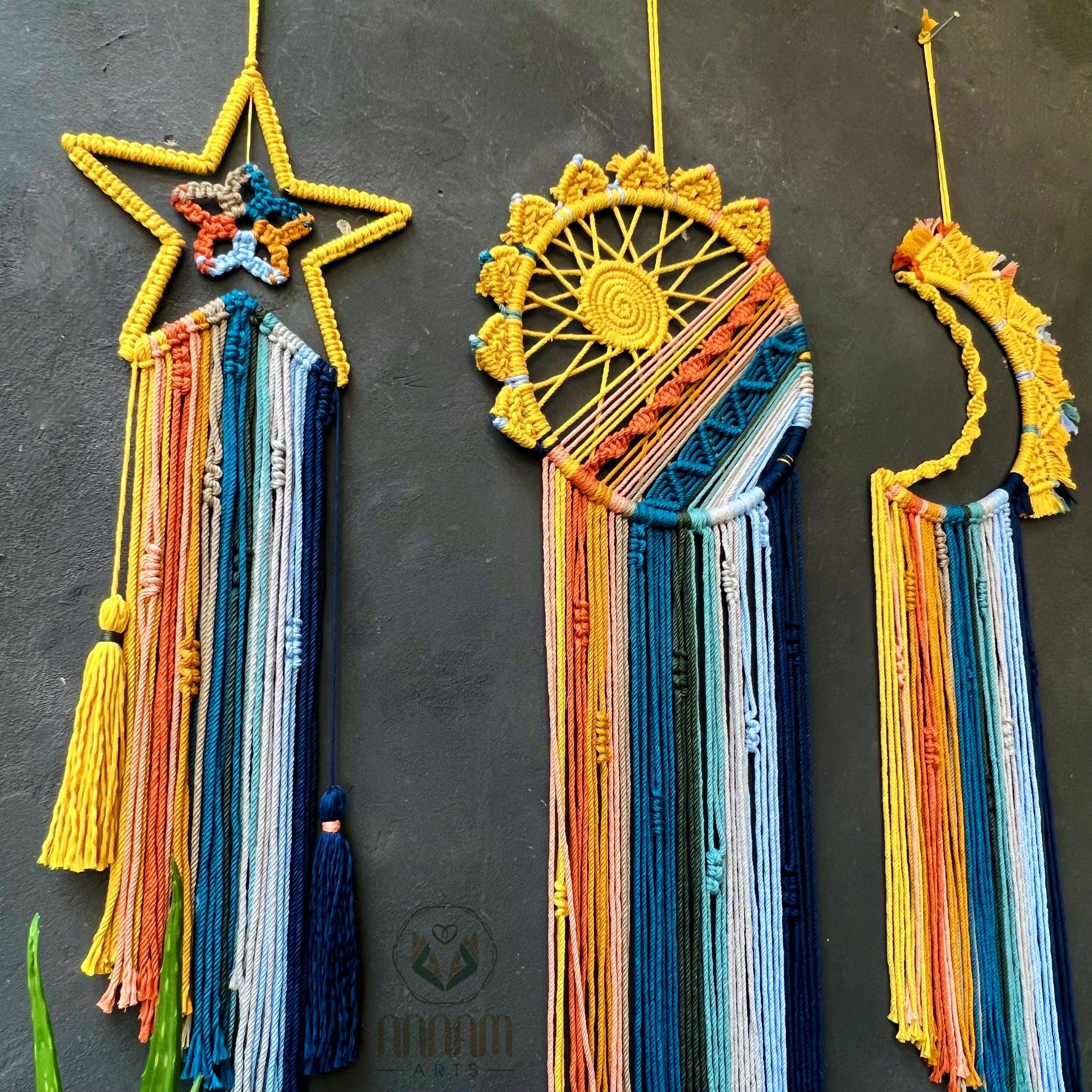 Set of 3 Macrame Dreamcatchers Moon Sun Stars MTM01