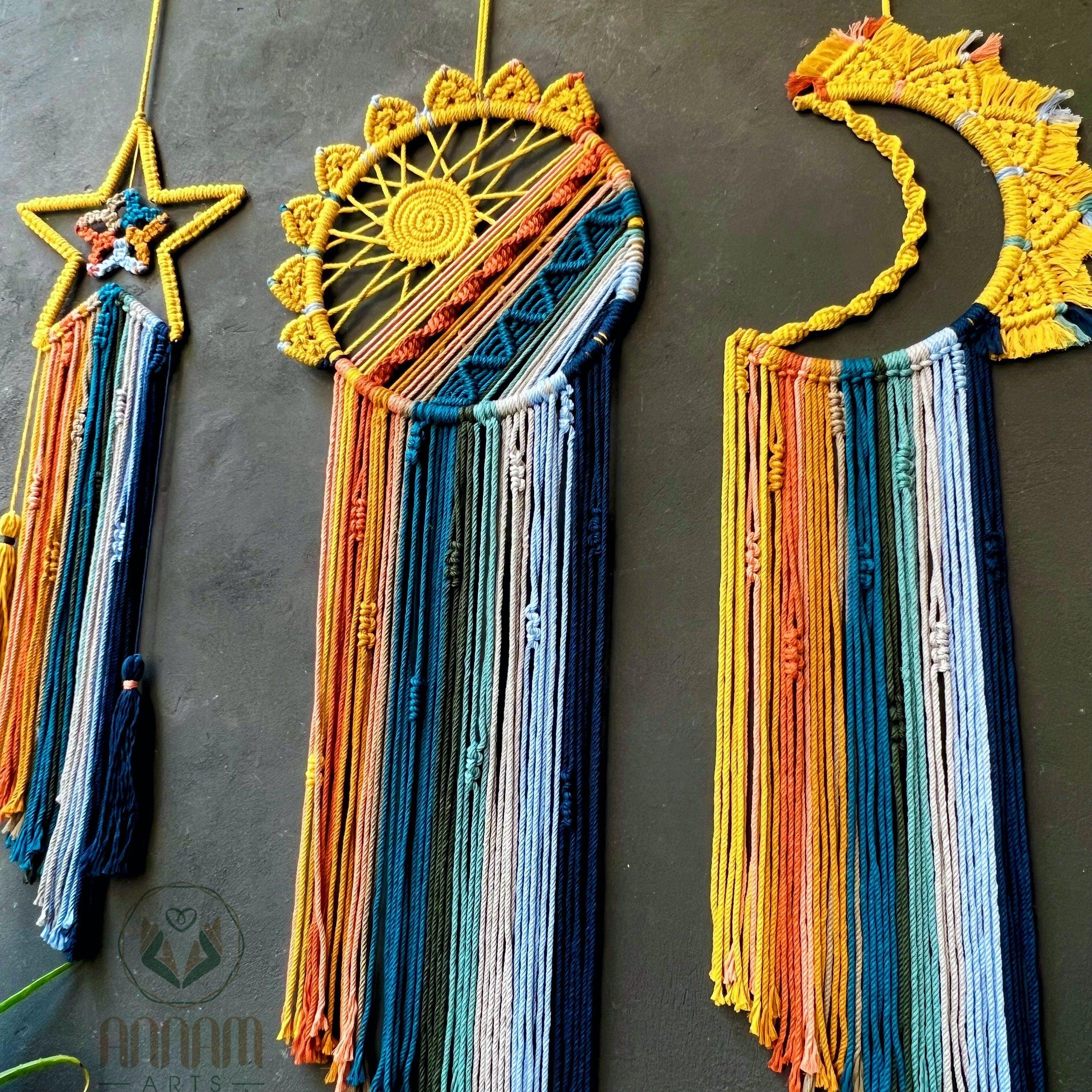 Set of 3 Macrame Dreamcatchers Moon Sun Stars MTM01