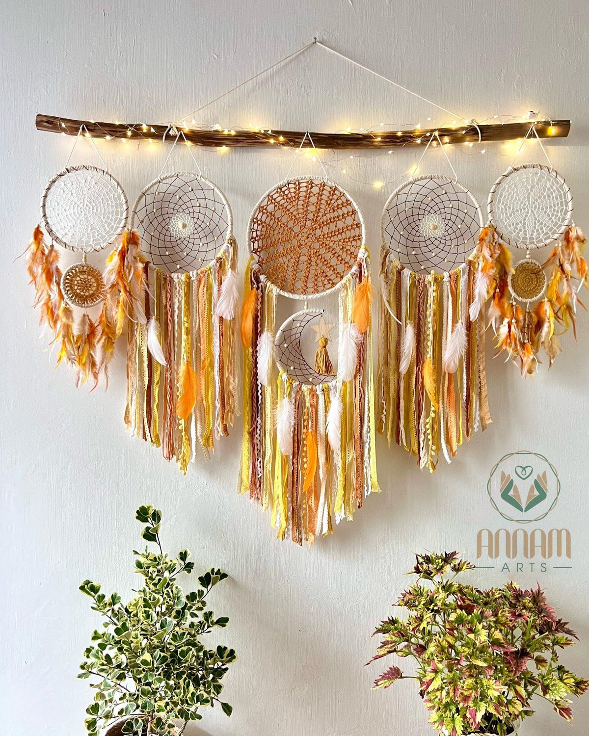 Large orange dreamcatcher set moon and stars SD08