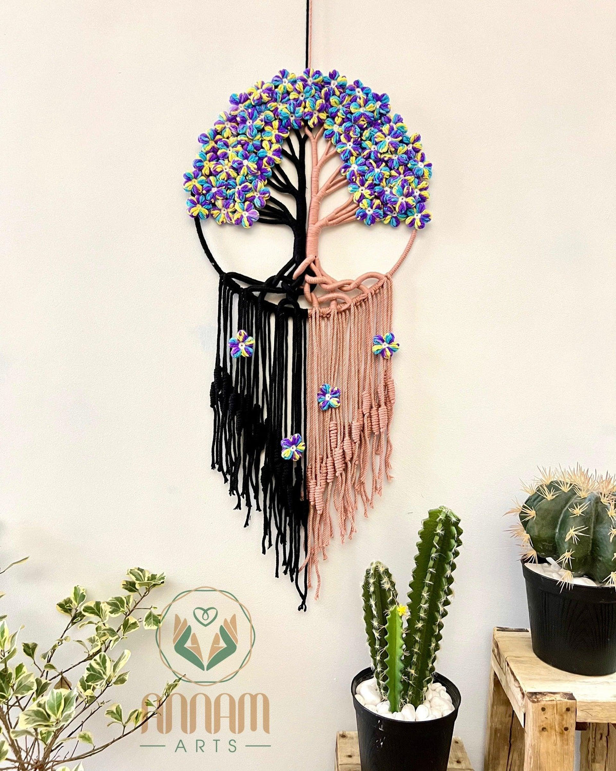 Macrame flower of life wall hanging with 2 color stems TOL08