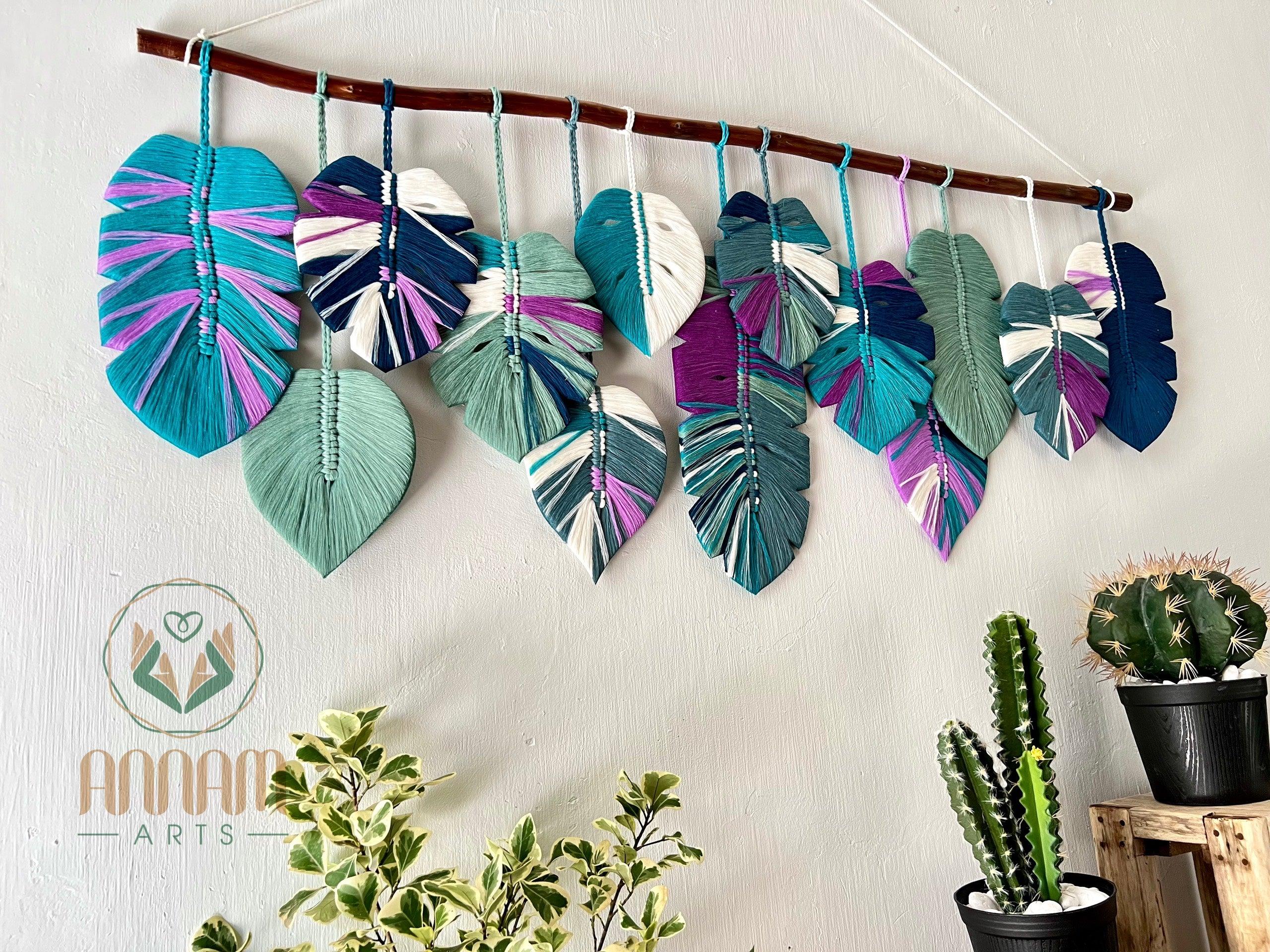 Green and purple monstera macrame leaf wall hanging LM03