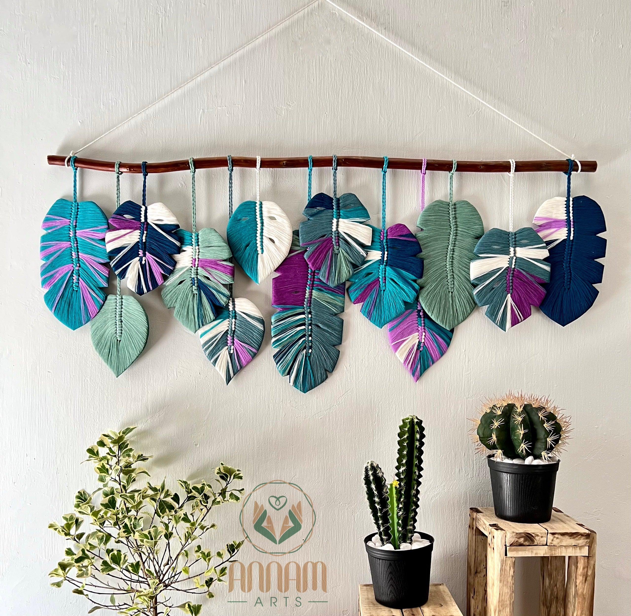 Green and purple monstera macrame leaf wall hanging LM03