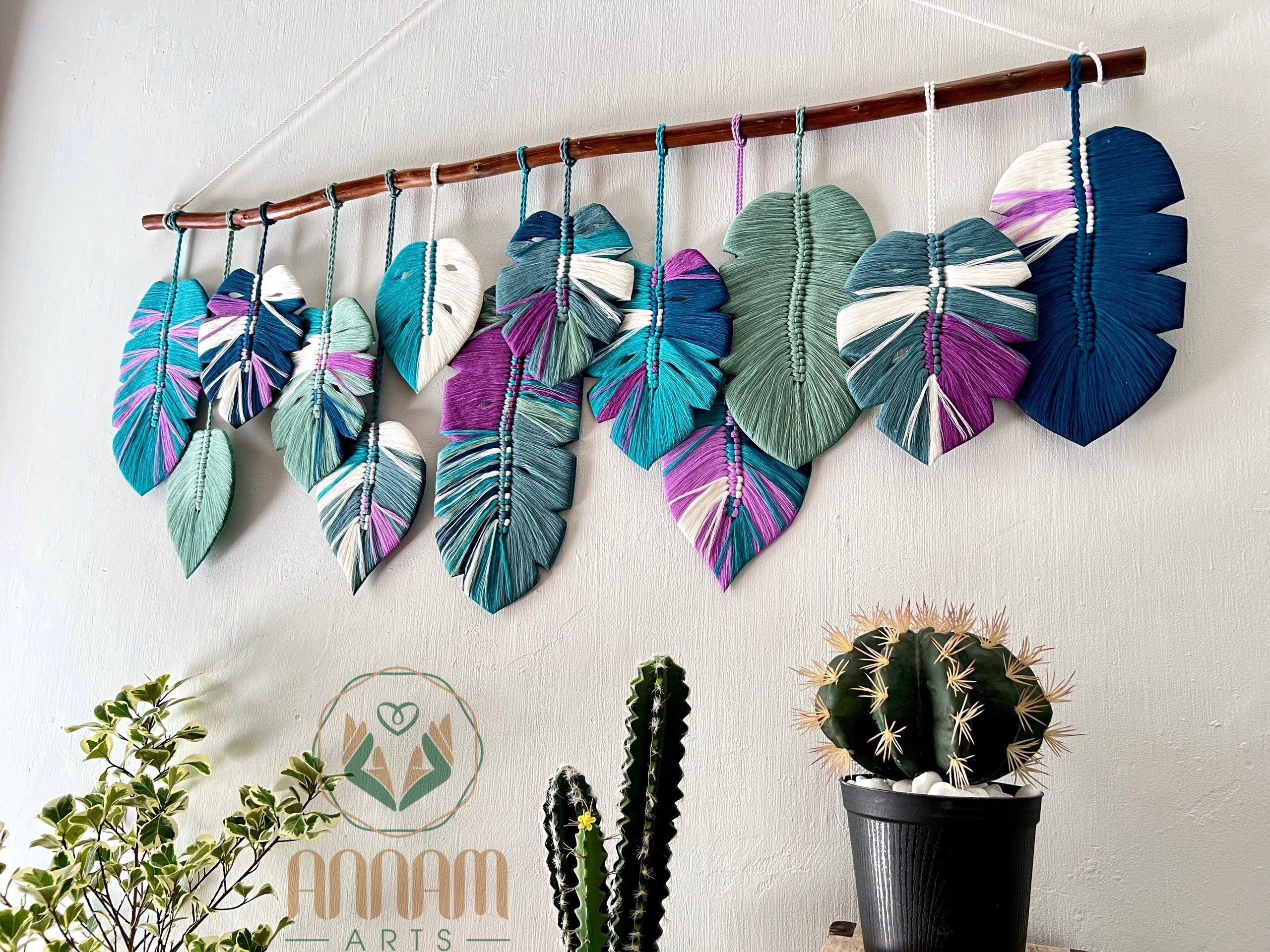 Green and purple monstera macrame leaf wall hanging LM03