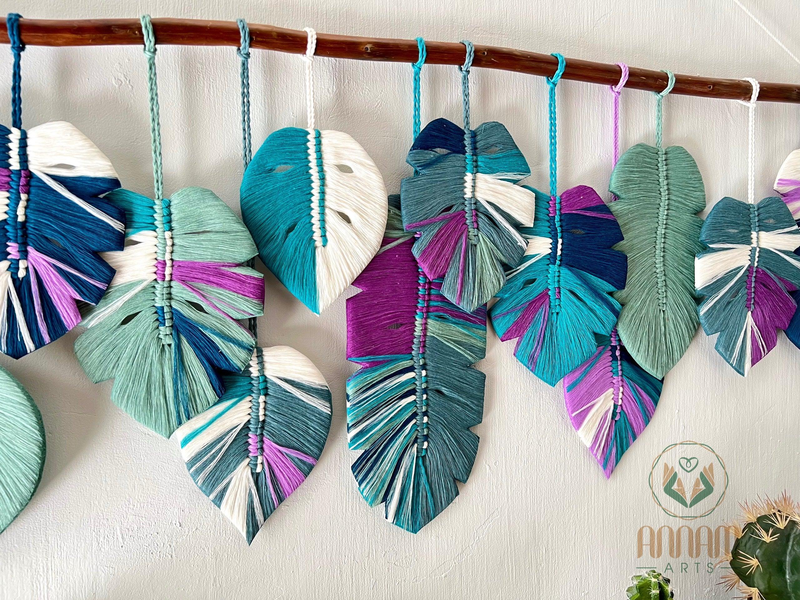 Green and purple monstera macrame leaf wall hanging LM03