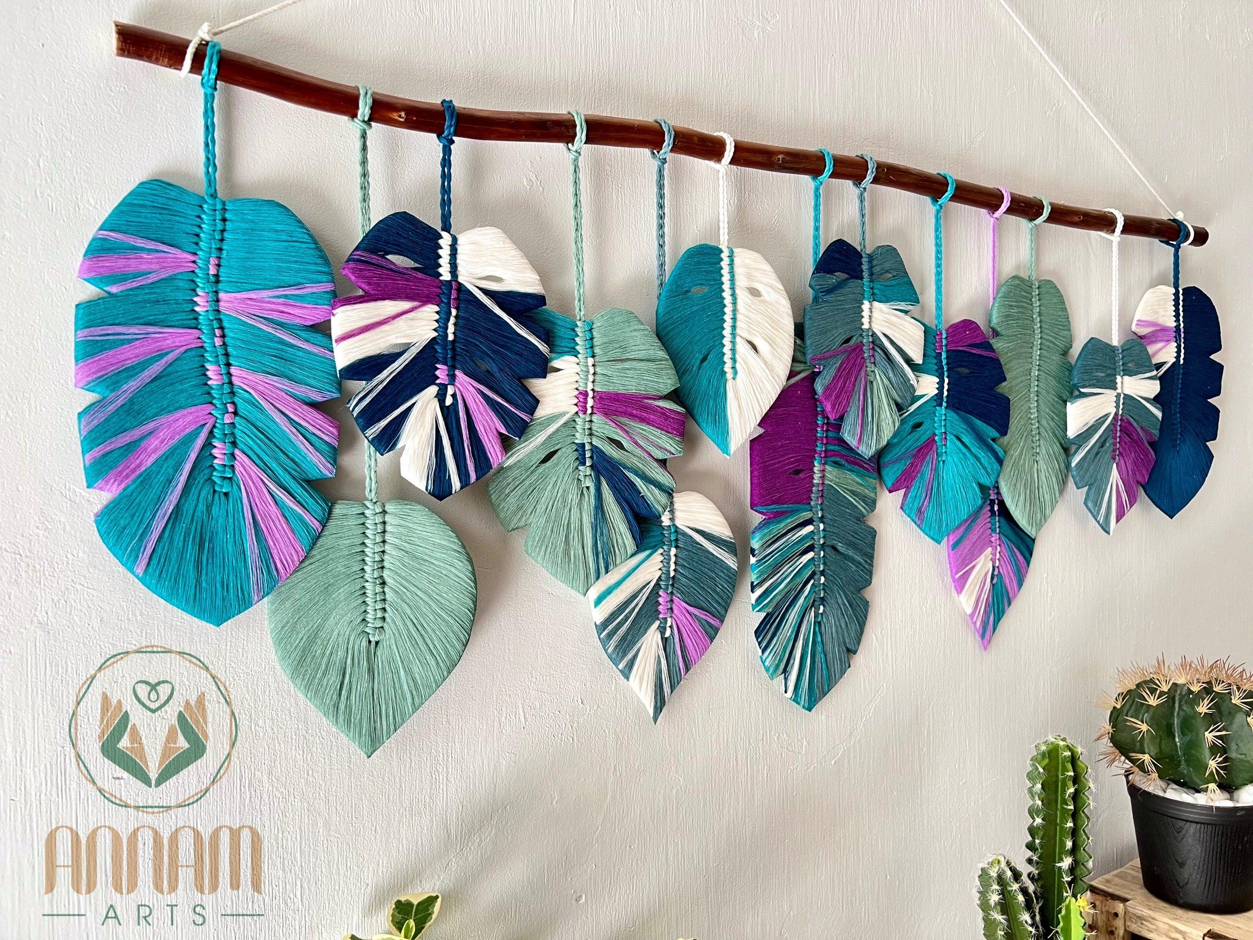 Green and purple monstera macrame leaf wall hanging LM03