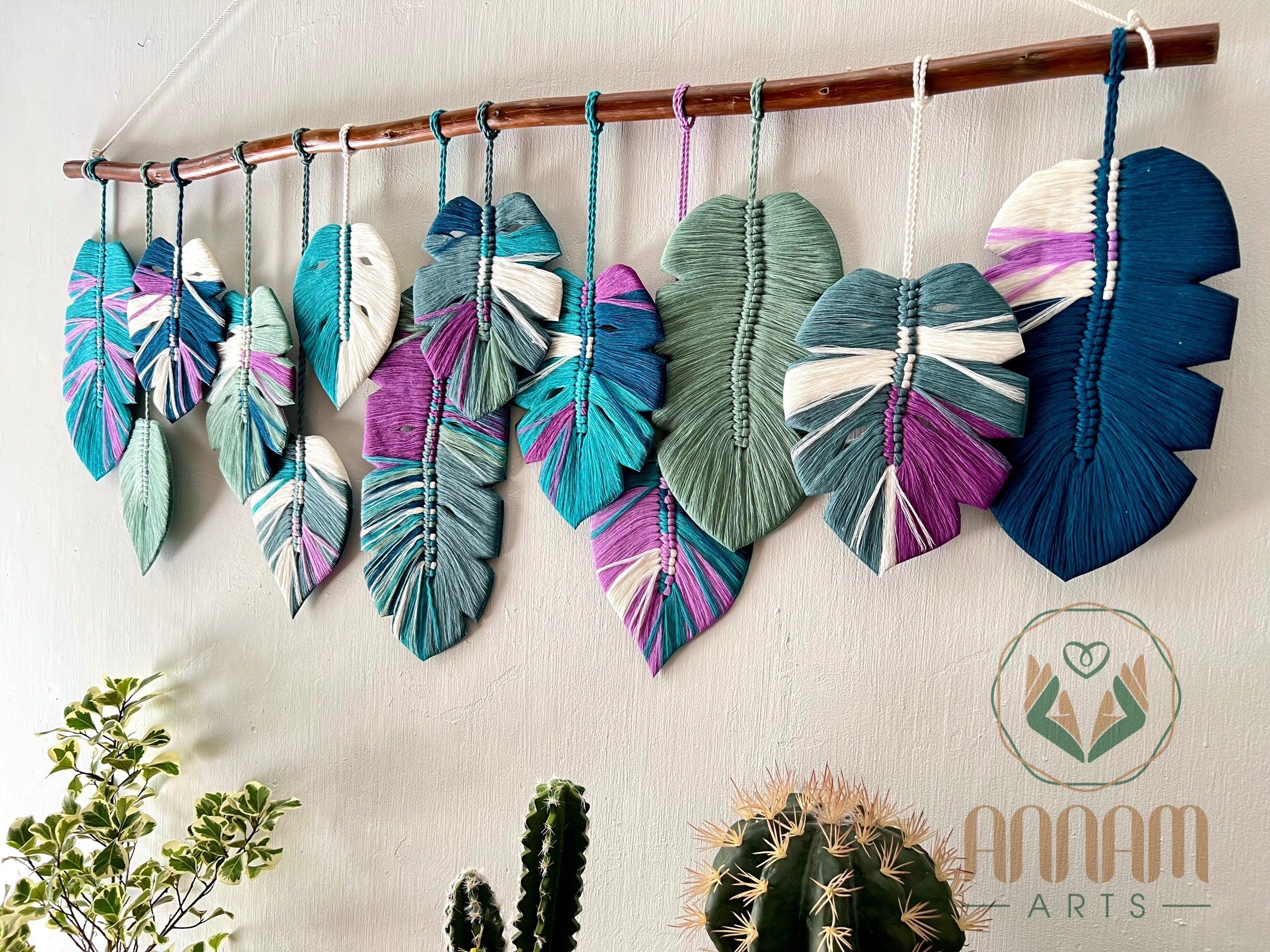 Green and purple monstera macrame leaf wall hanging LM03