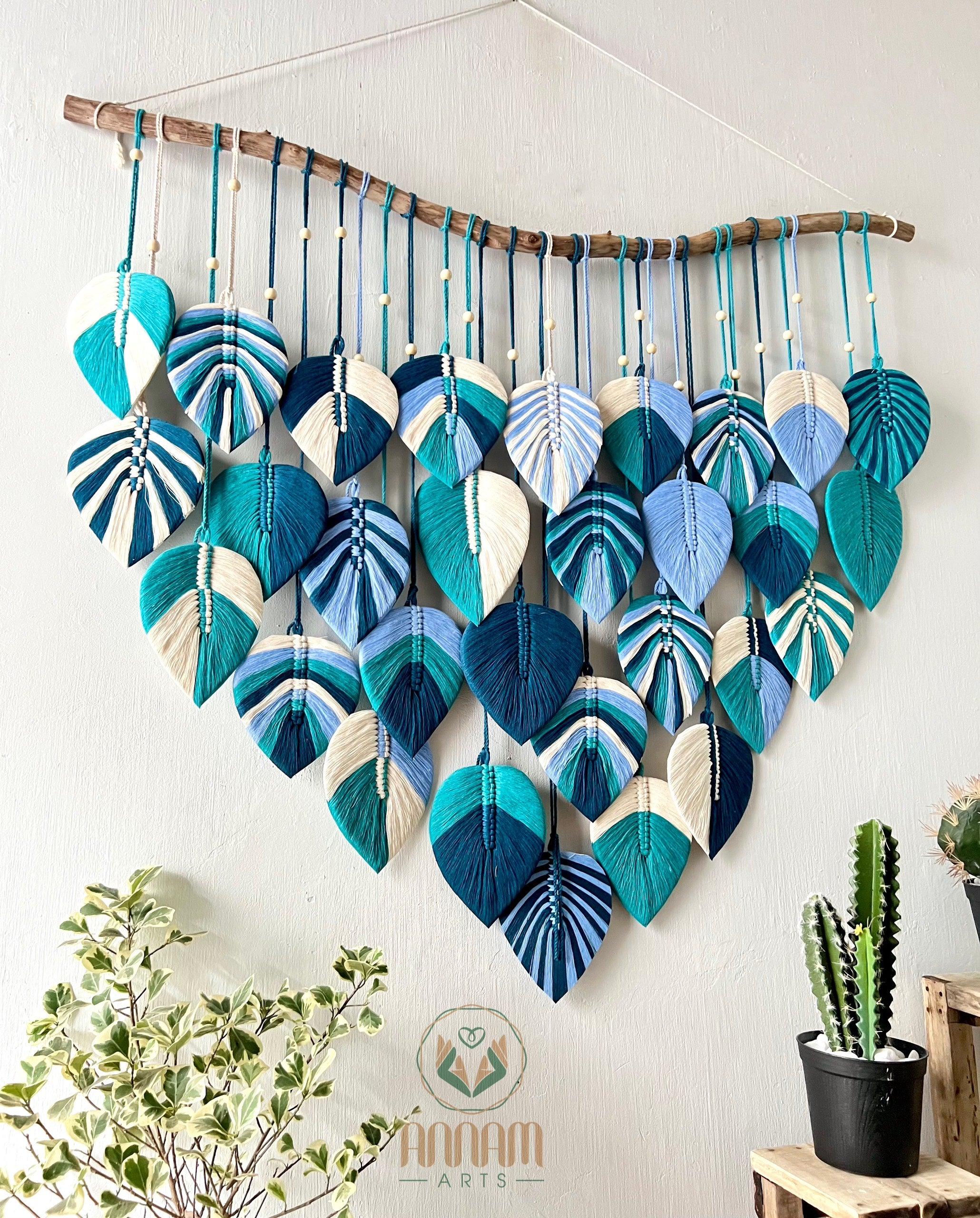 Blue macrame leaf wall hanging LM11