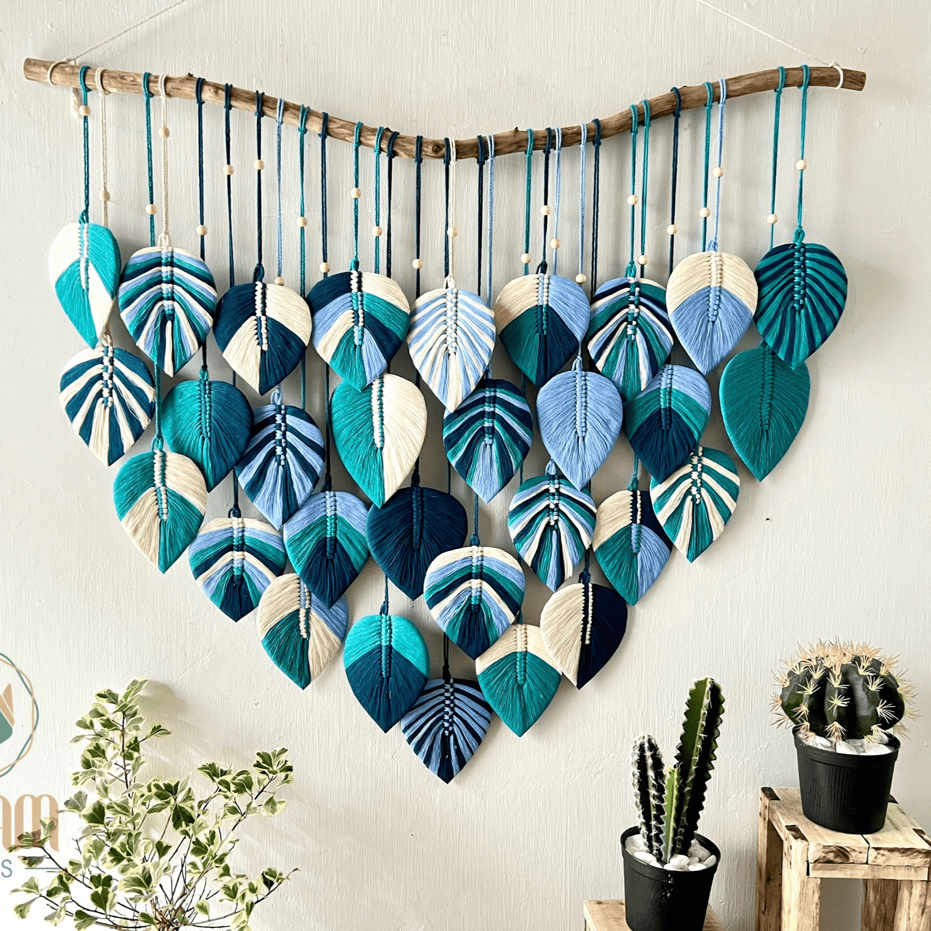 Blue macrame leaf wall hanging LM11