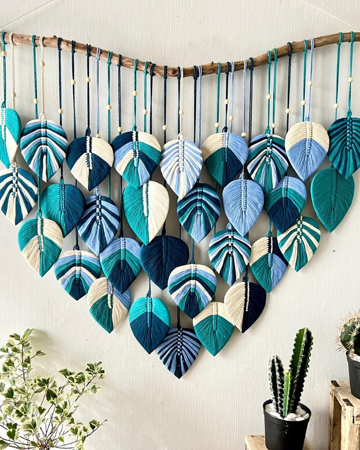 Blue macrame leaf wall hanging LM11