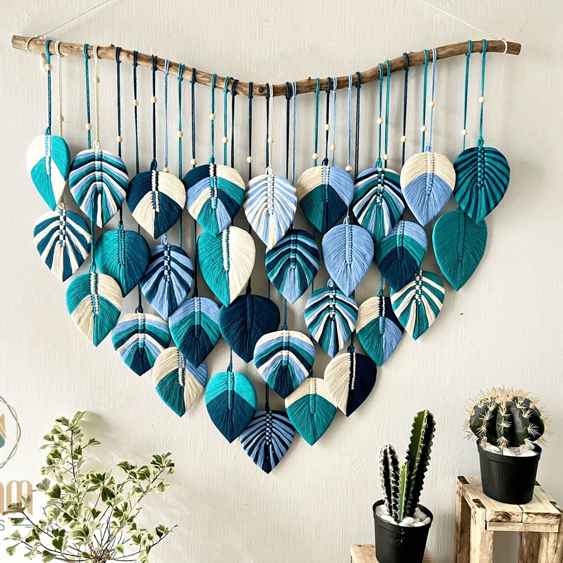 Blue macrame leaf wall hanging LM11