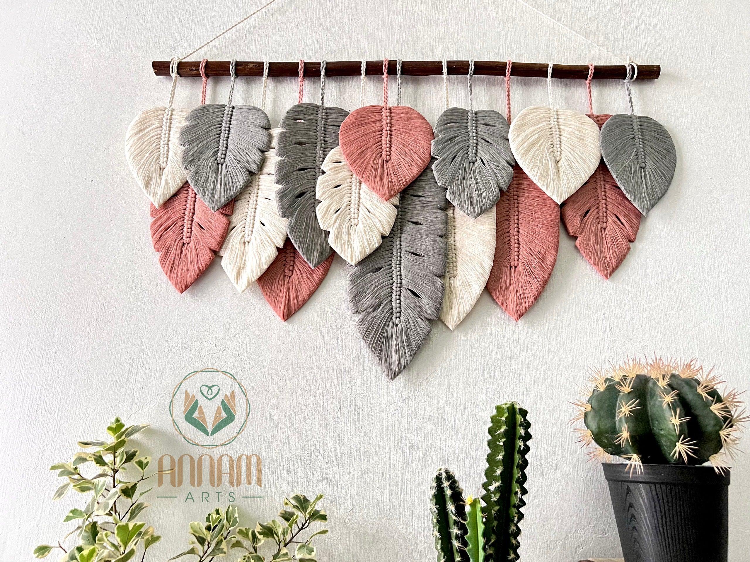 Monstera macrame leaf wall hanging in pink, gray, cream LM04