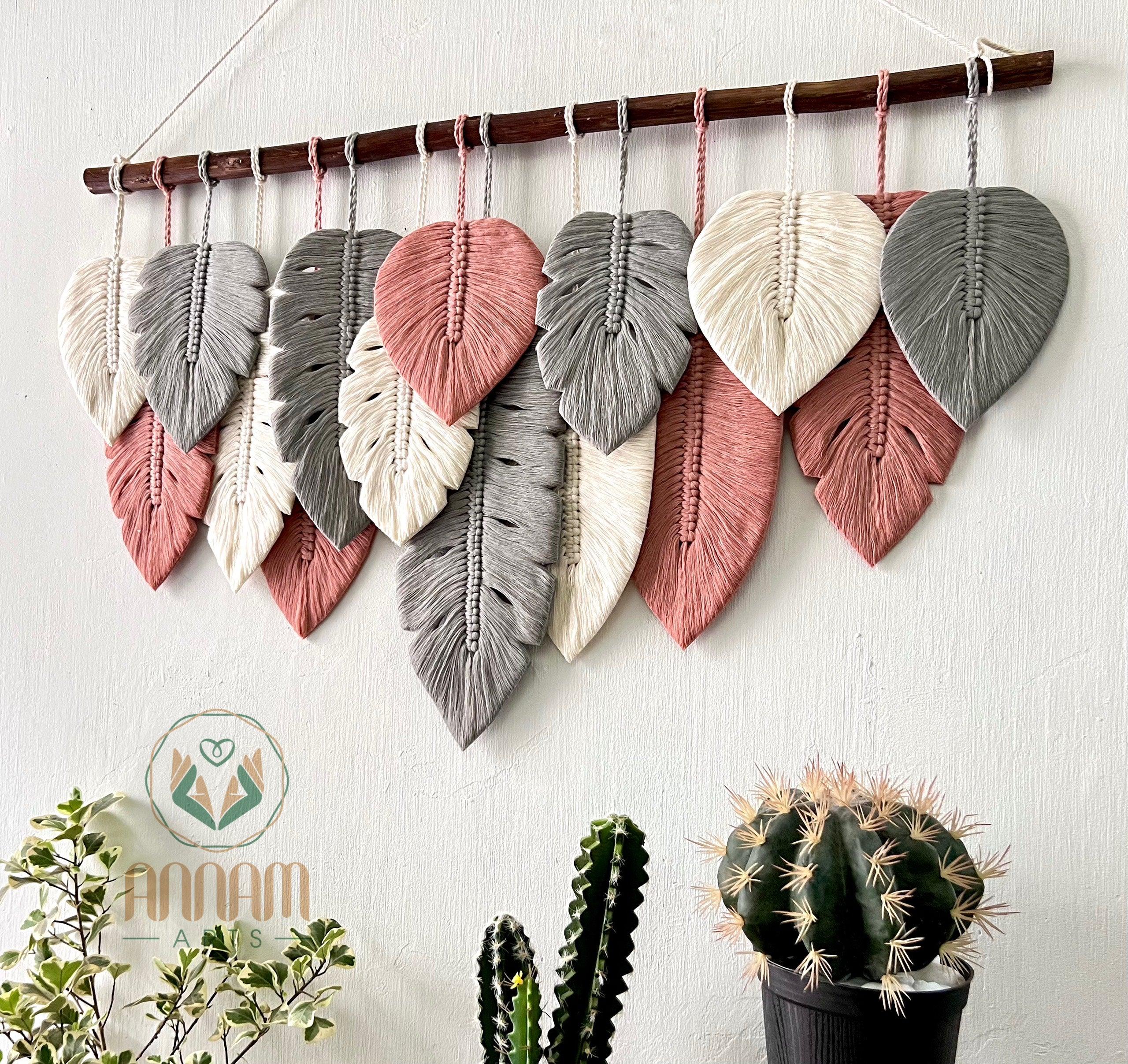 Monstera macrame leaf wall hanging in pink, gray, cream LM04