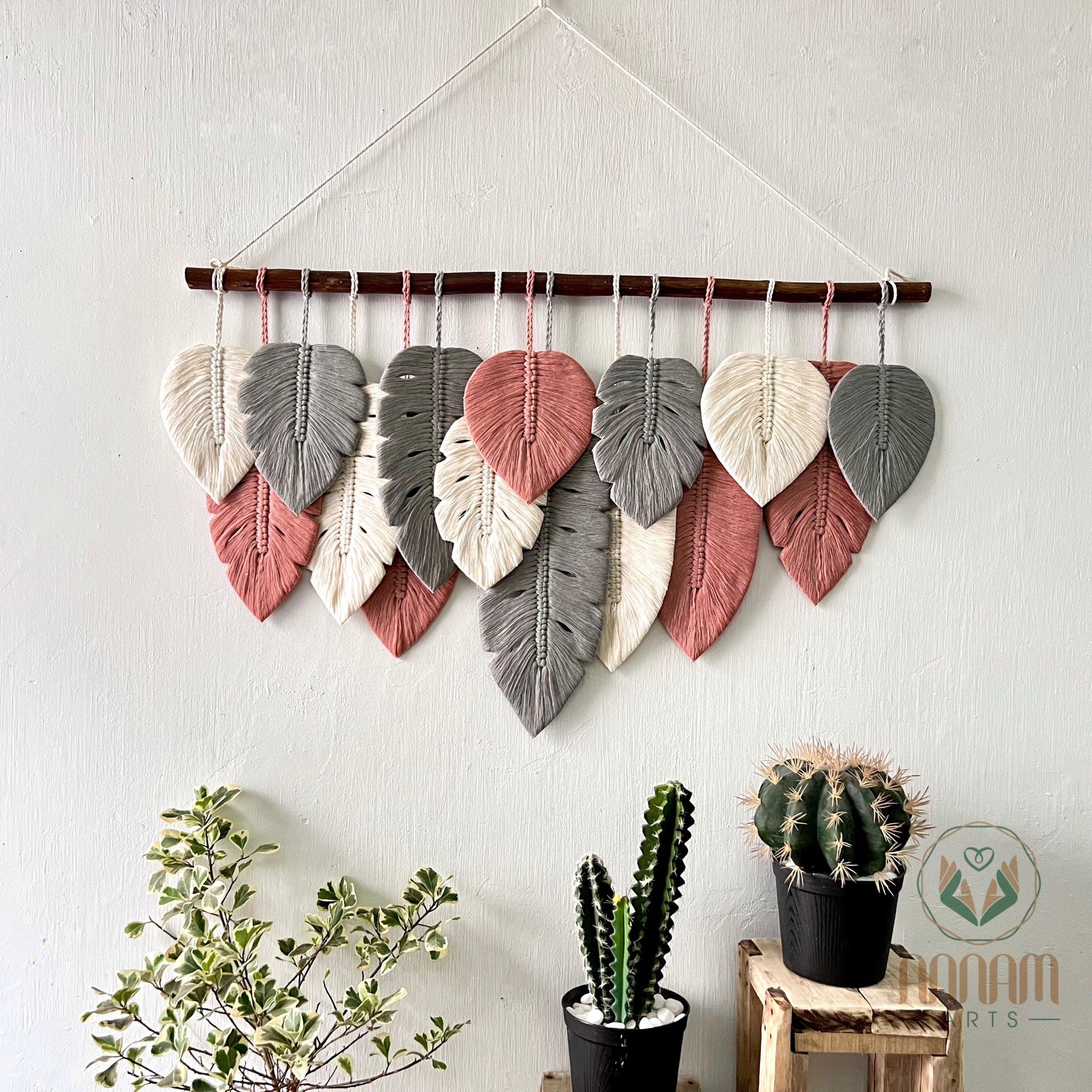 Monstera macrame leaf wall hanging in pink, gray, cream LM04