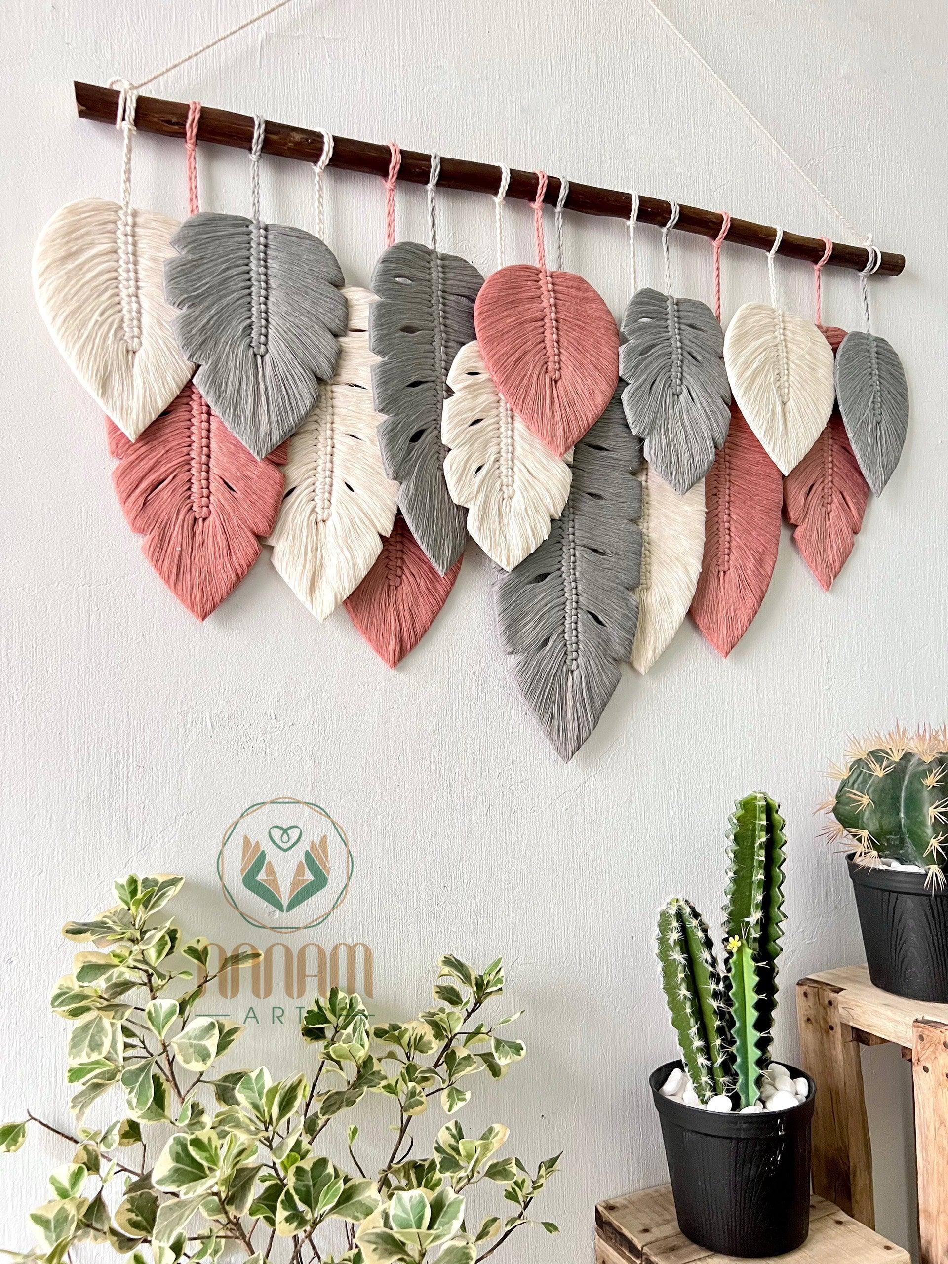 Monstera macrame leaf wall hanging in pink, gray, cream LM04