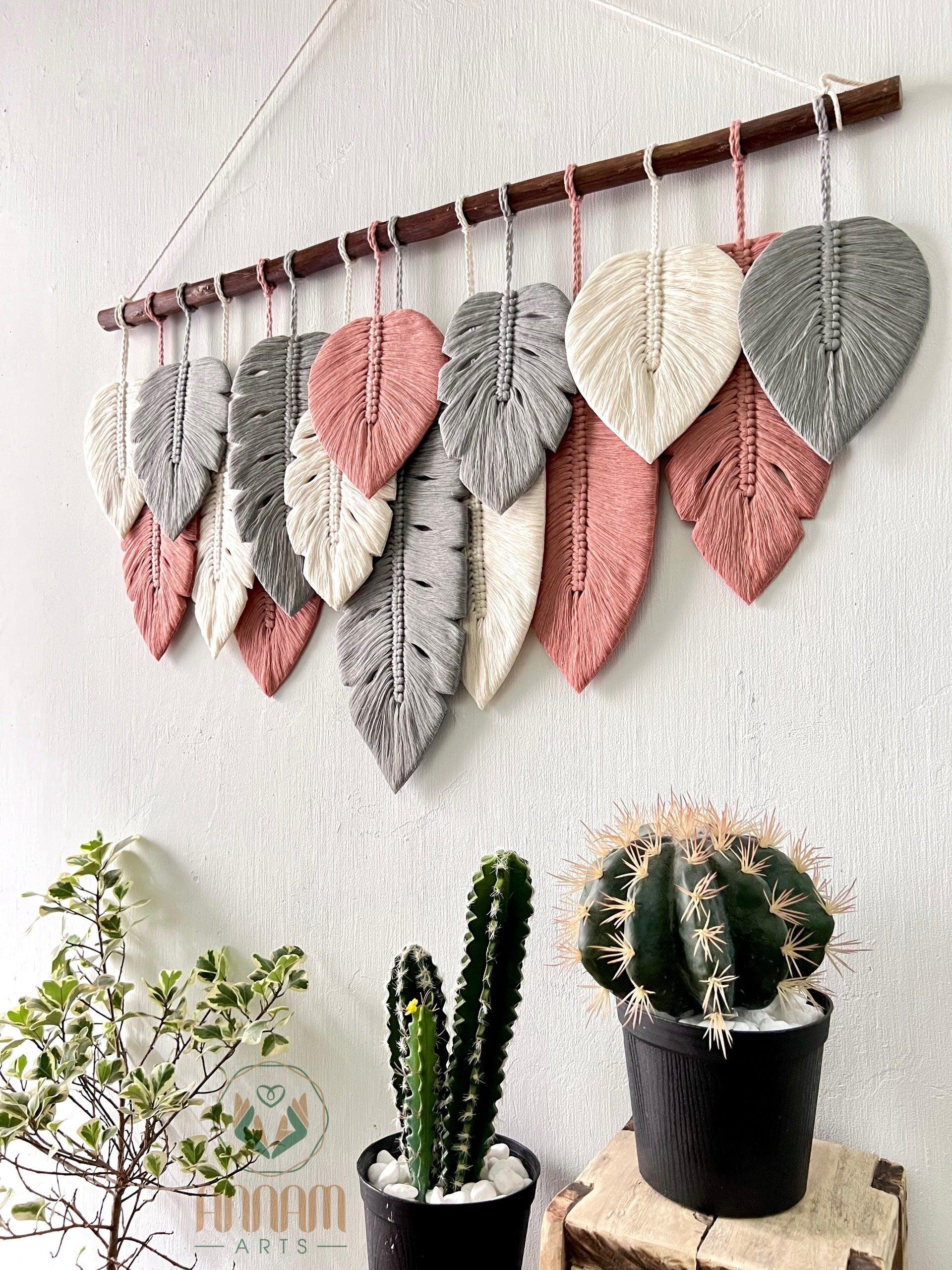 Monstera macrame leaf wall hanging in pink, gray, cream LM04