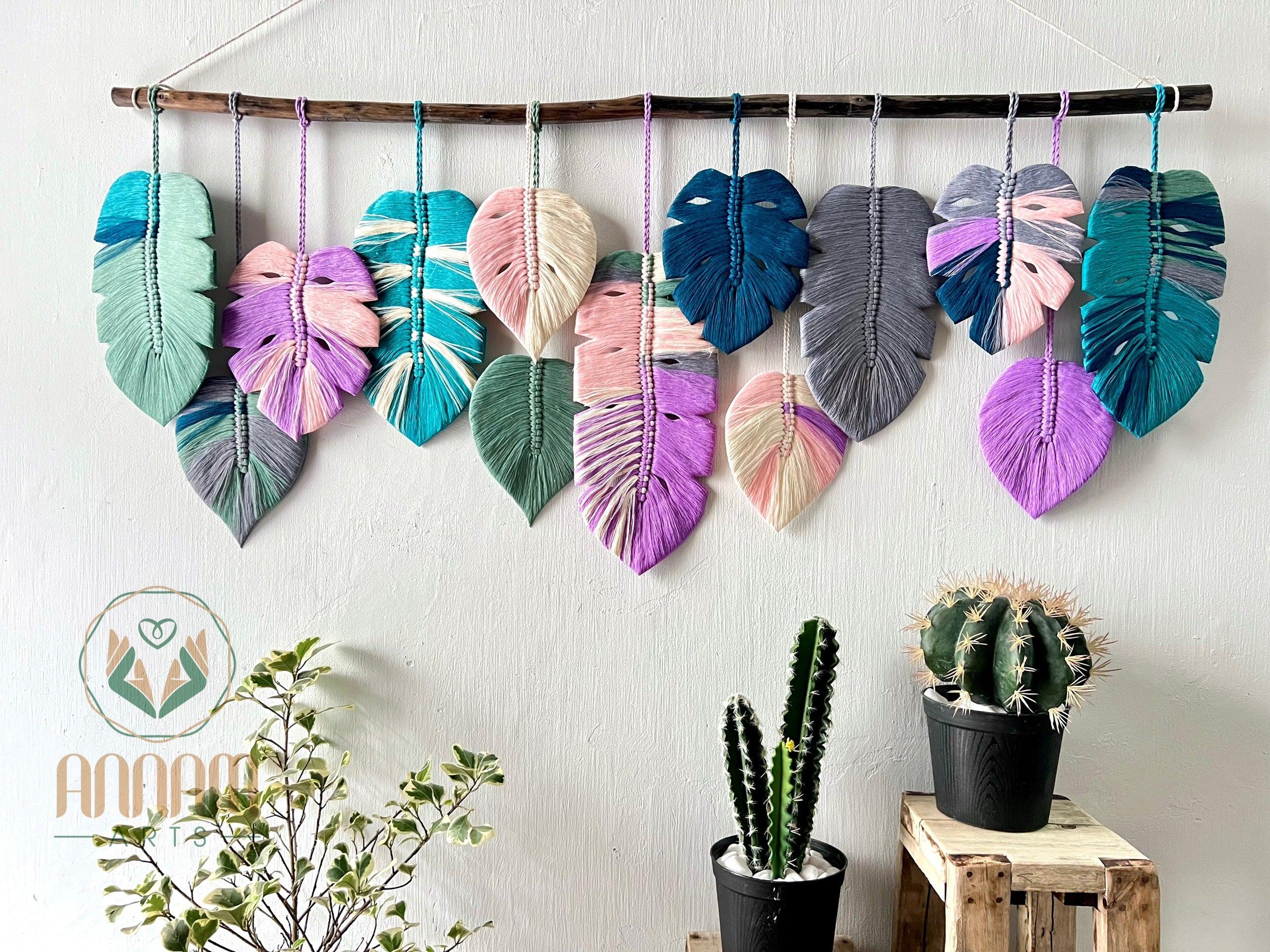 Monstera macrame leaf wall hanging pink blue gray LM03