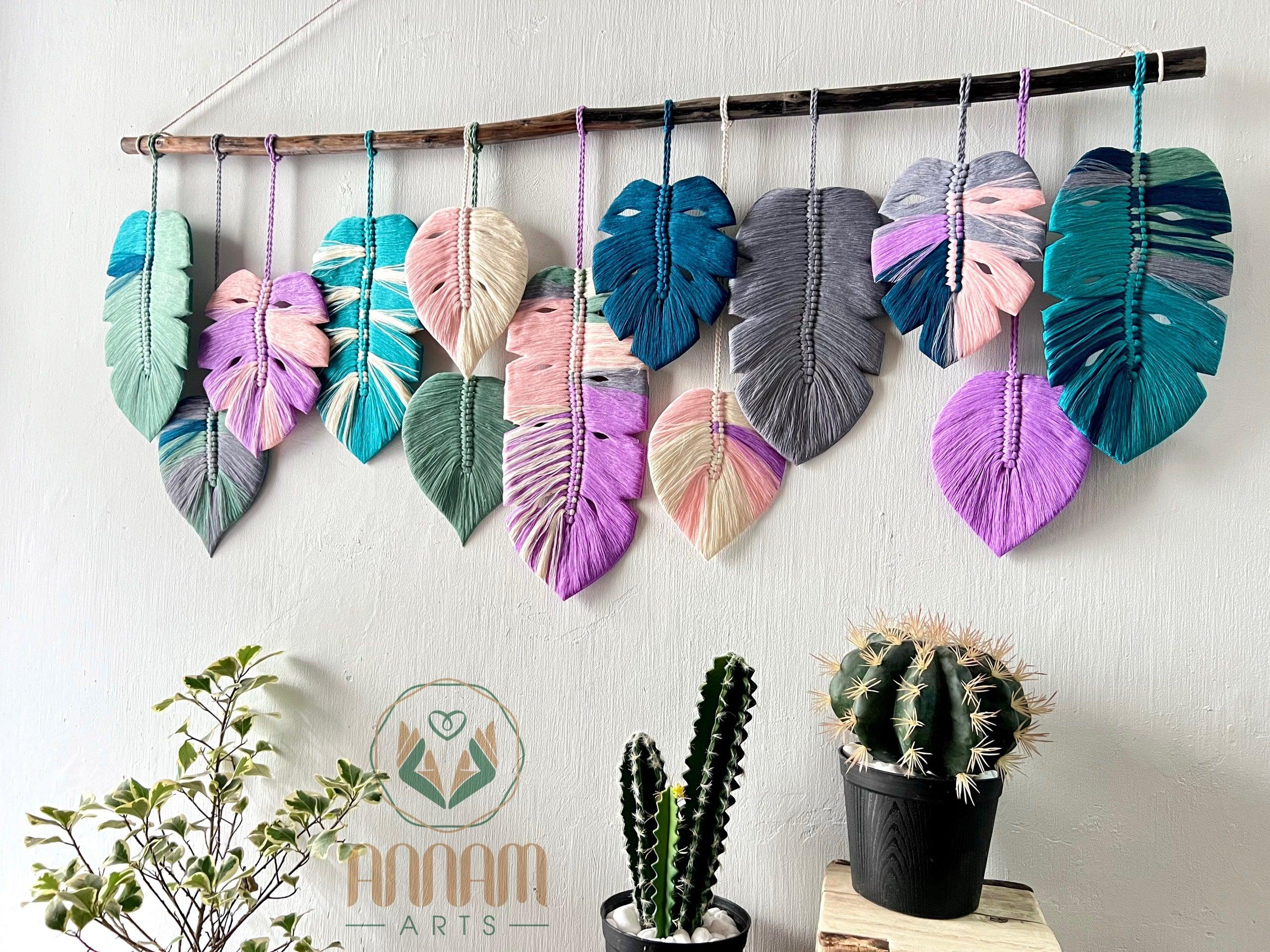 Monstera macrame leaf wall hanging pink blue gray LM03