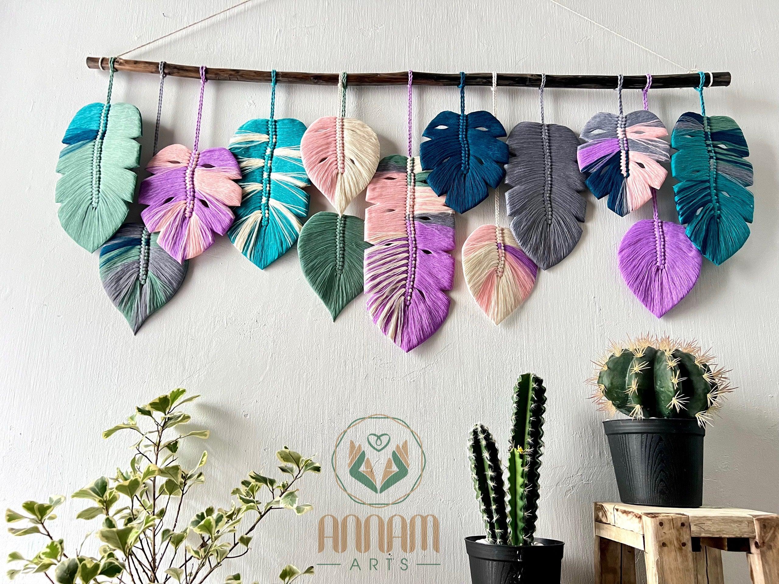 Monstera macrame leaf wall hanging pink blue gray LM03