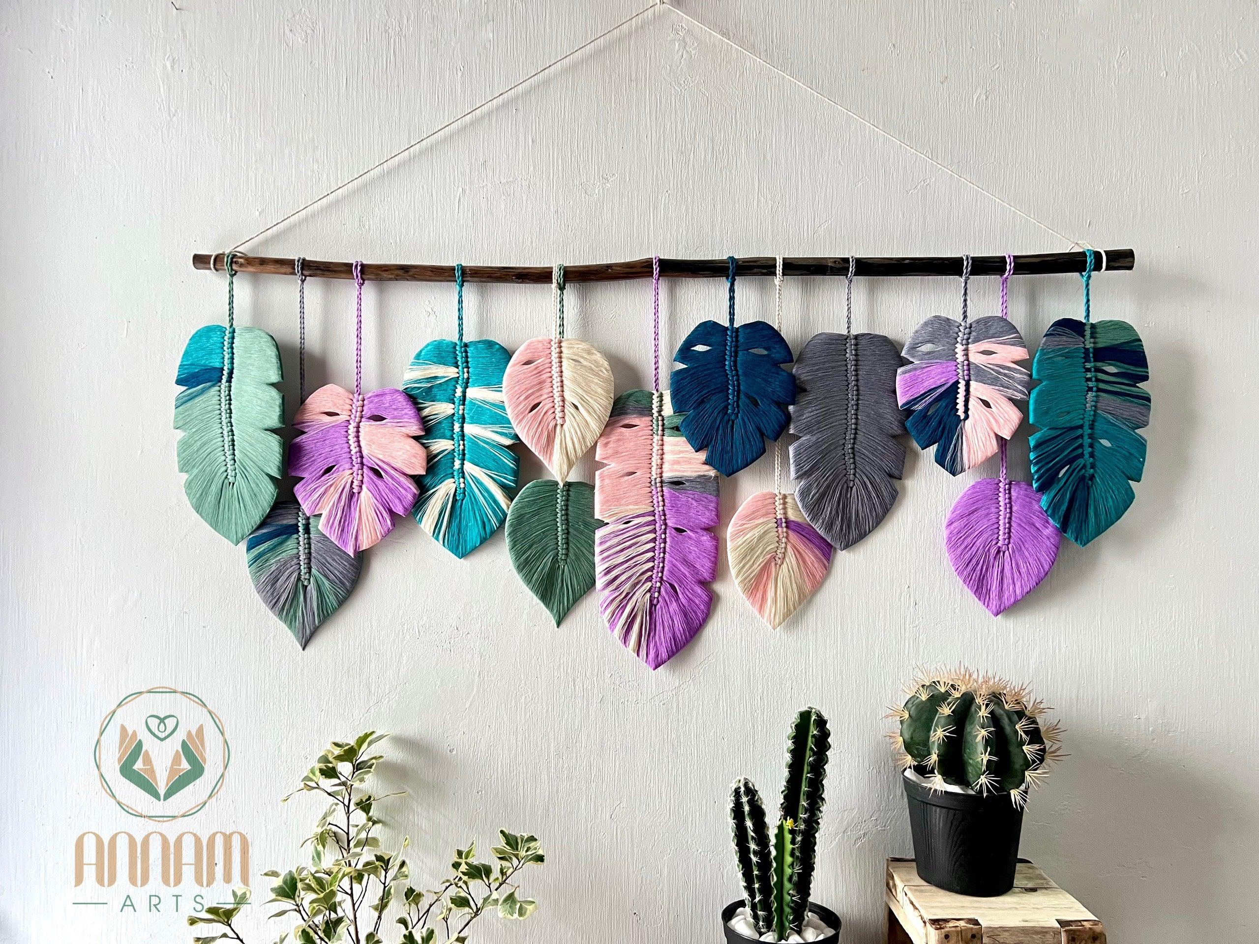 Monstera macrame leaf wall hanging pink blue gray LM03