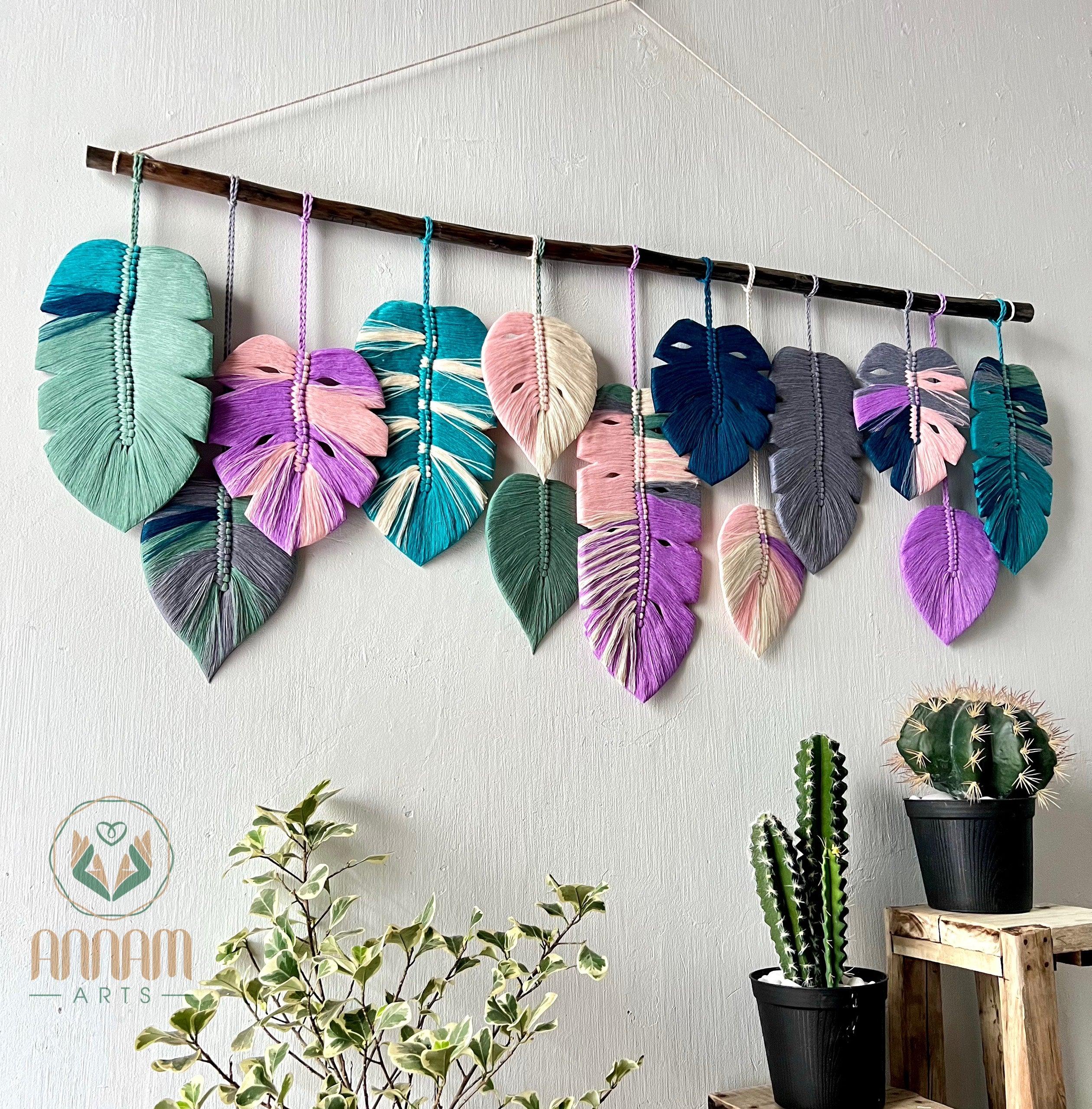 Monstera macrame leaf wall hanging pink blue gray LM03