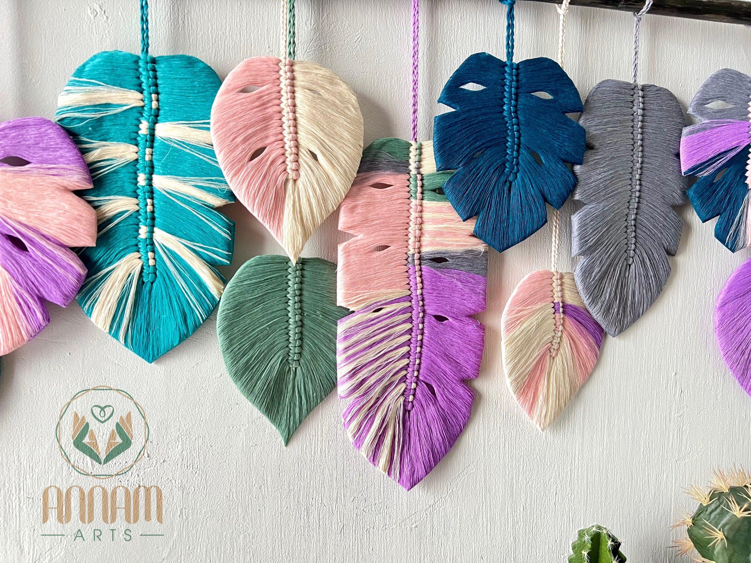 Monstera macrame leaf wall hanging pink blue gray LM03