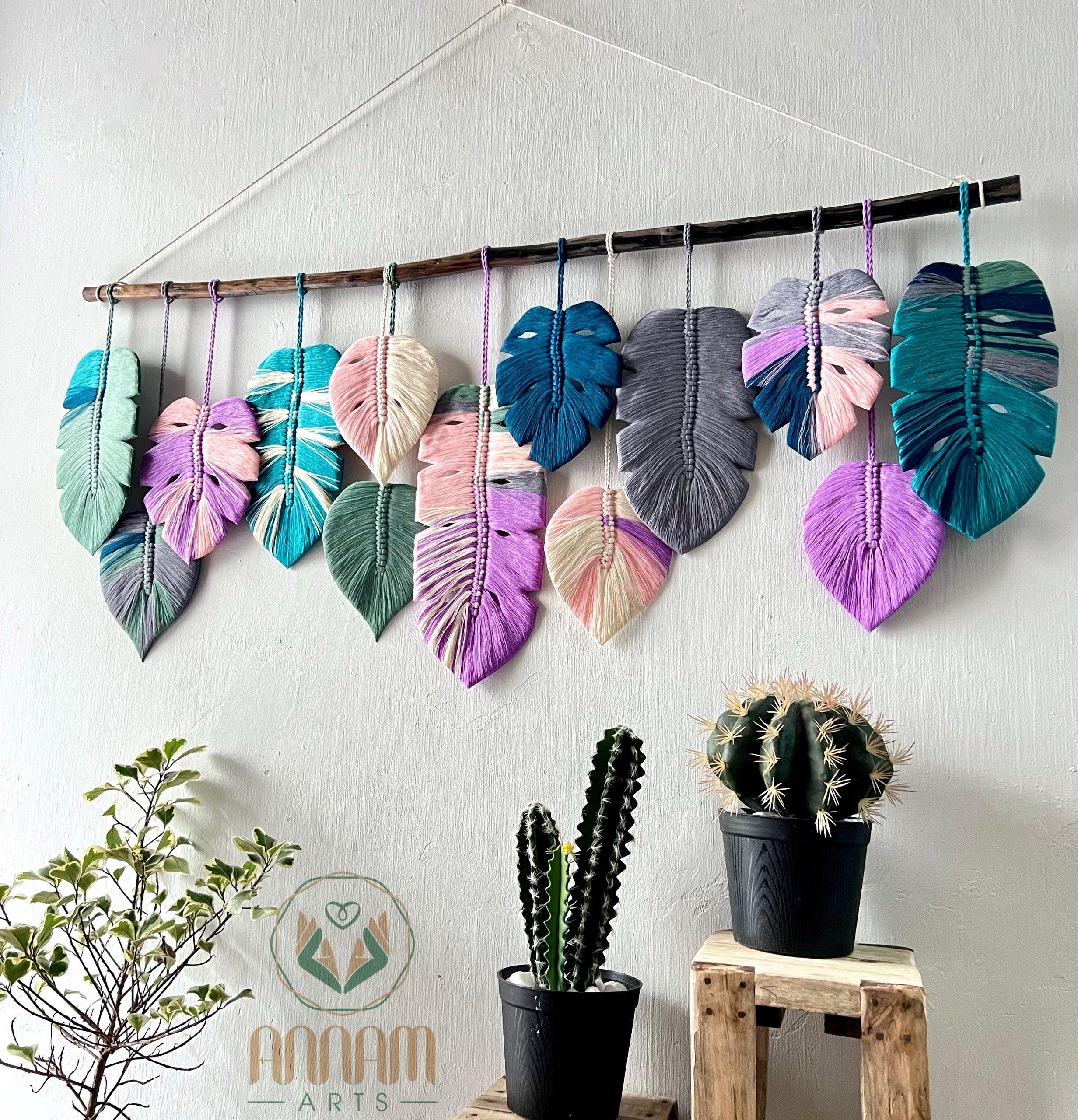 Monstera macrame leaf wall hanging pink blue gray LM03