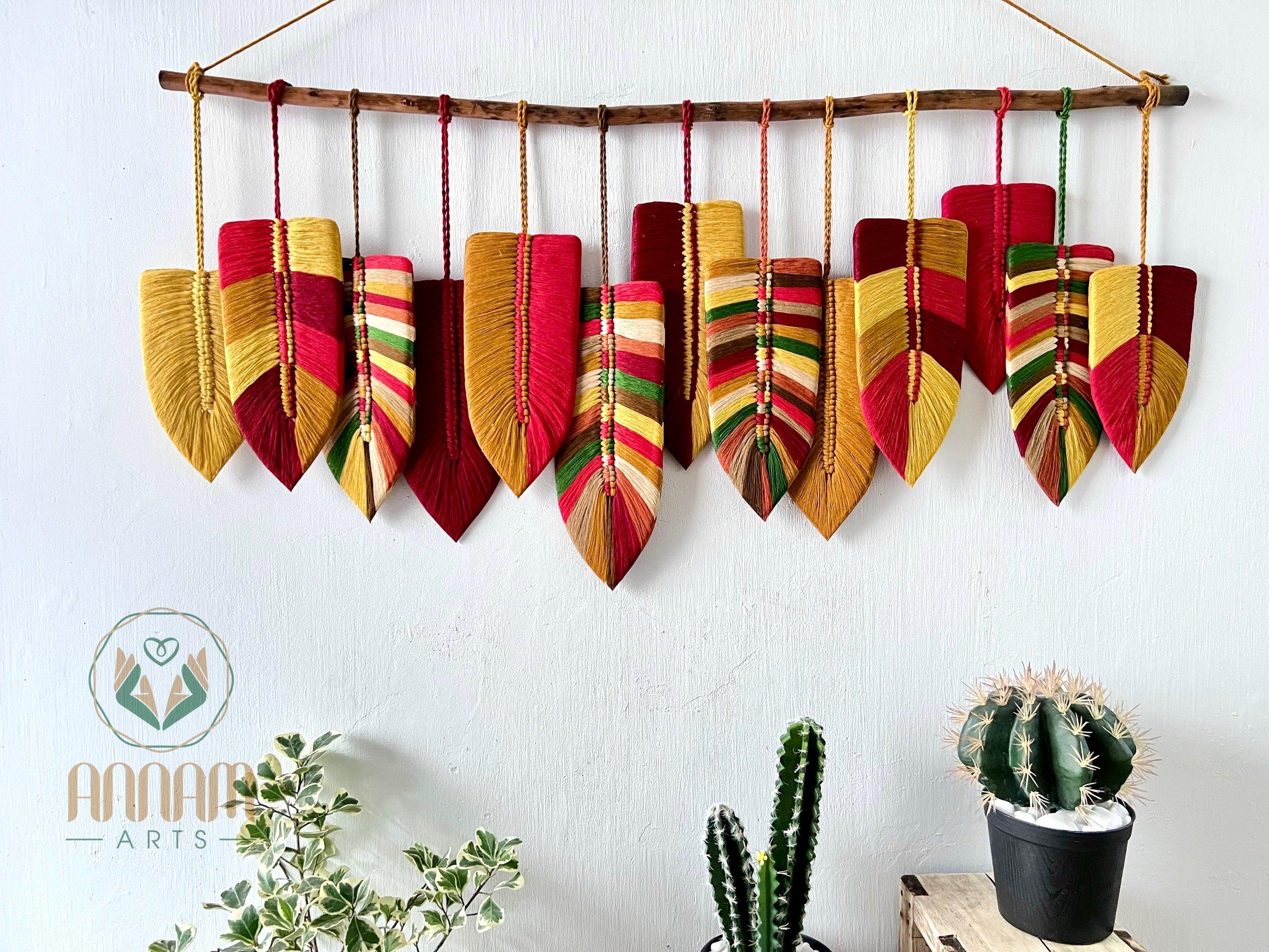 Large macrame leaf wall hanging in red tone LM10