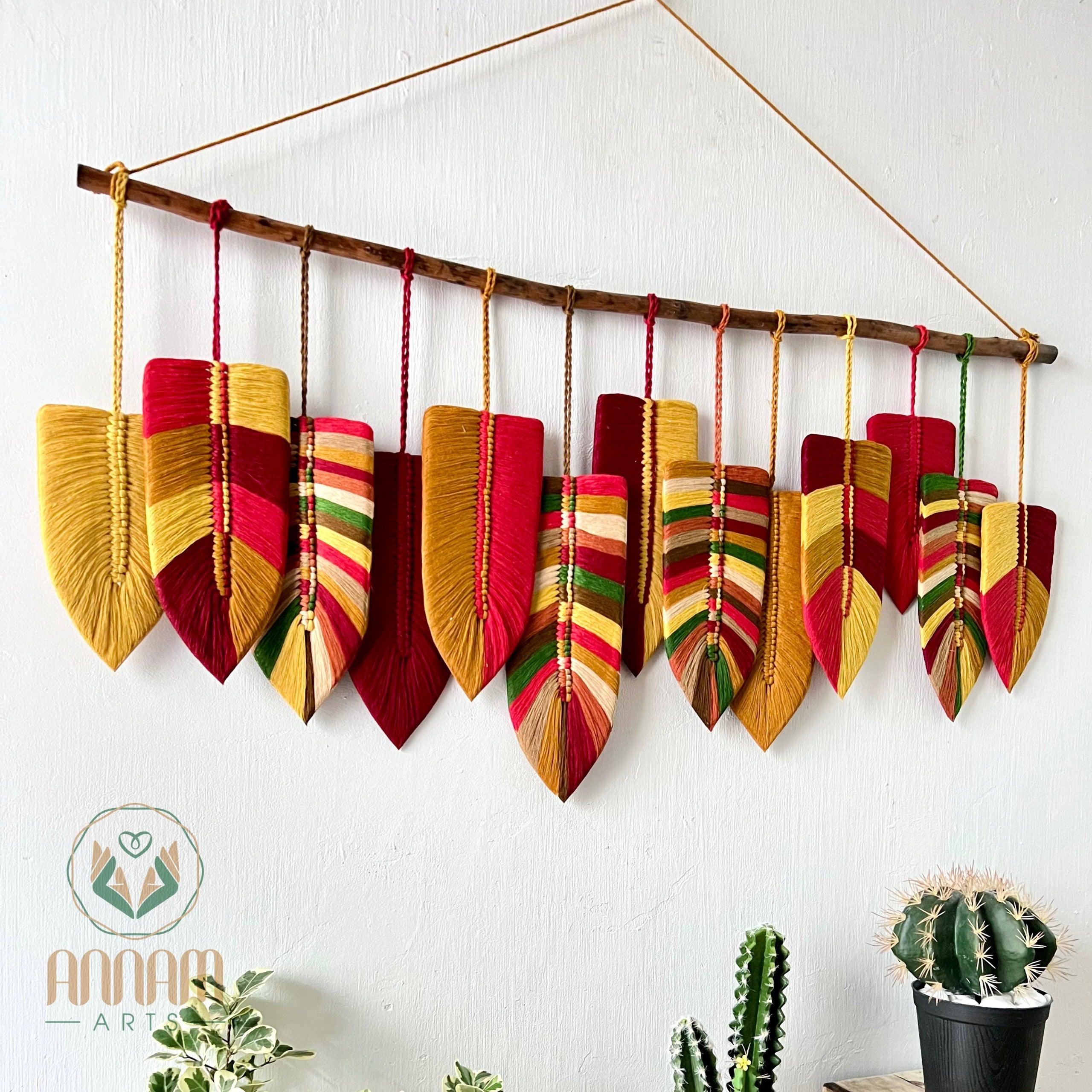 Large macrame leaf wall hanging in red tone LM10