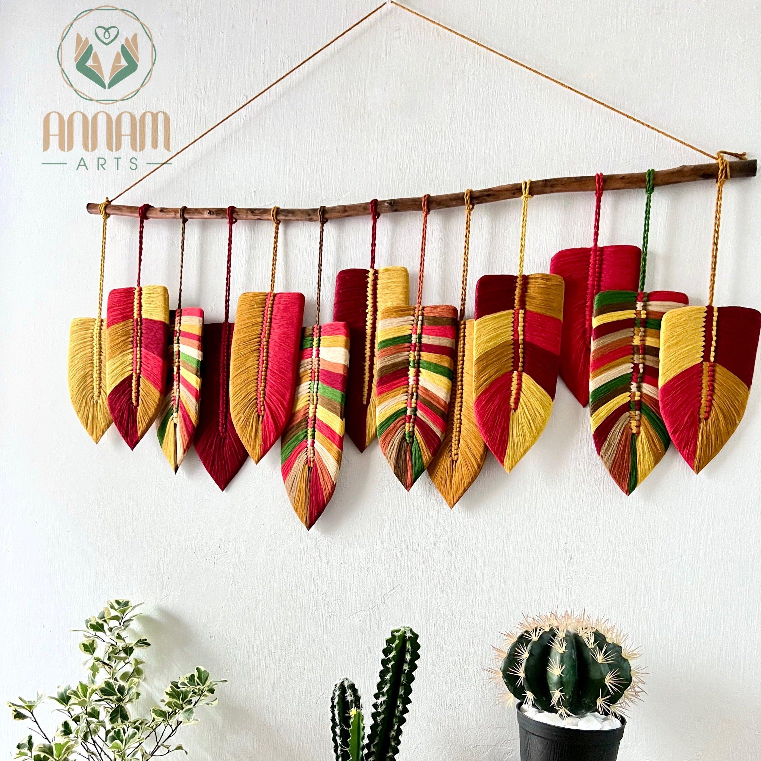 Large macrame leaf wall hanging in red tone LM10