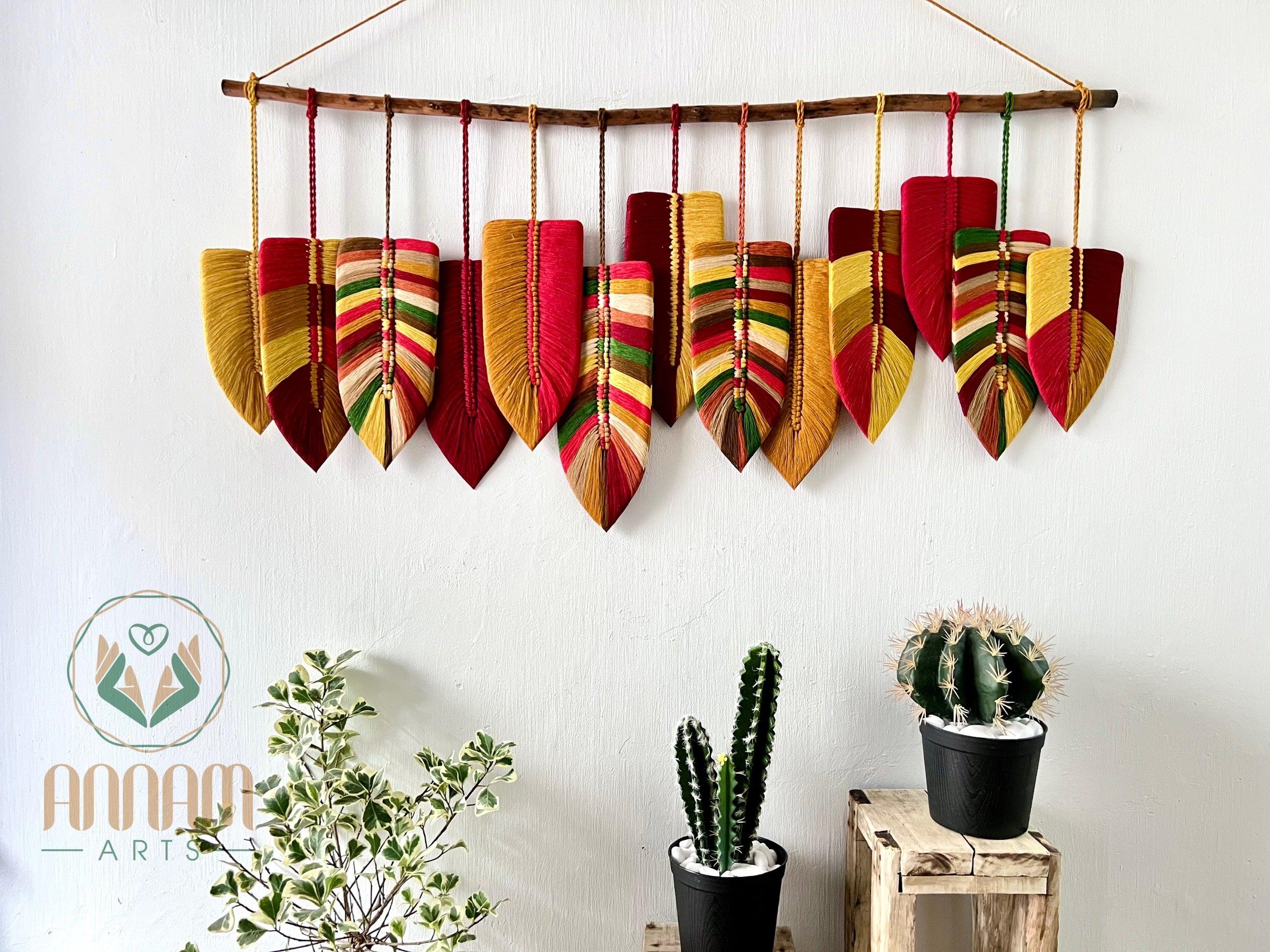 Large macrame leaf wall hanging in red tone LM10