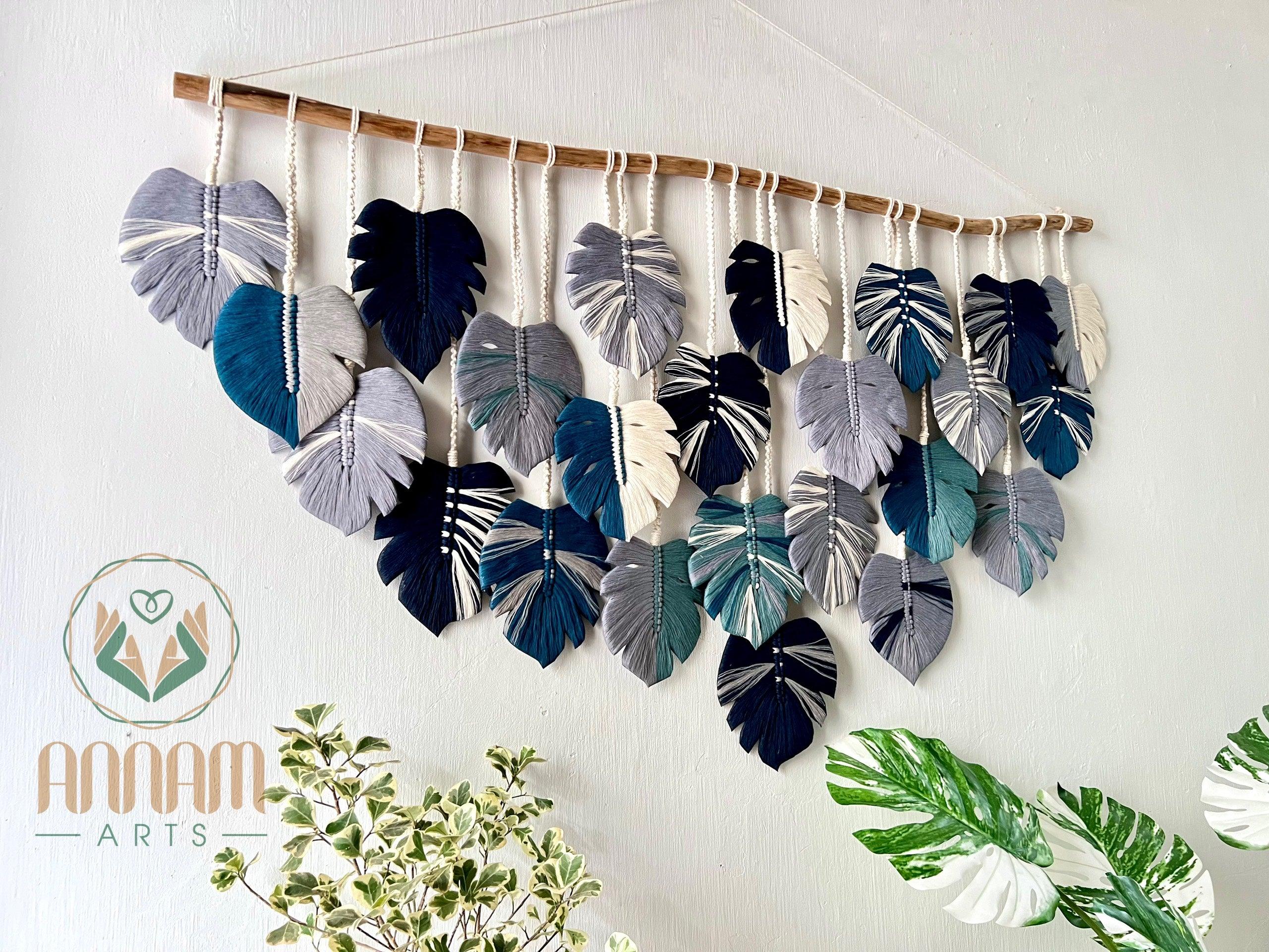 Macrame Monstera wall hanging Gray and navy blue LM02