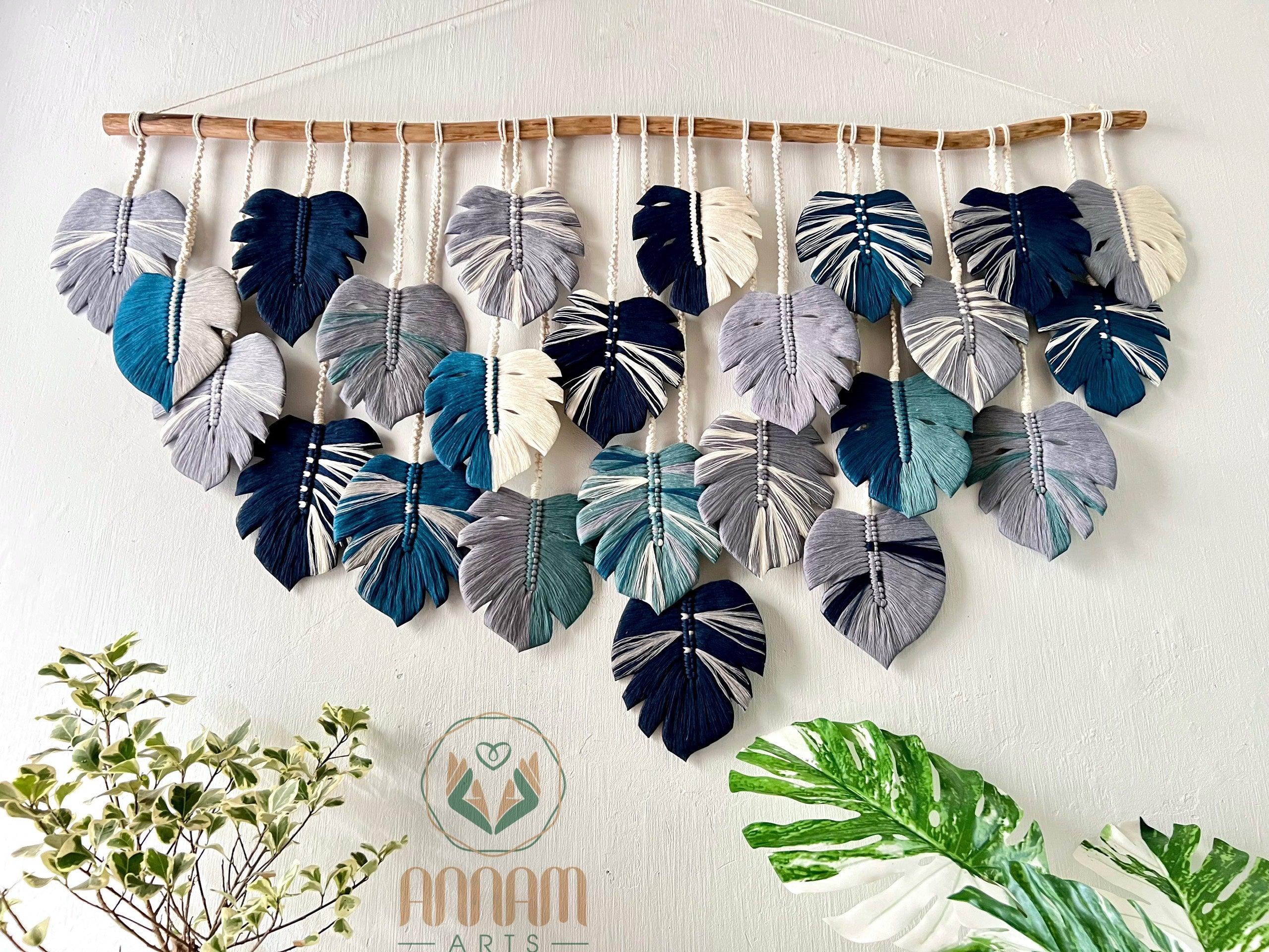 Macrame Monstera wall hanging Gray and navy blue LM02