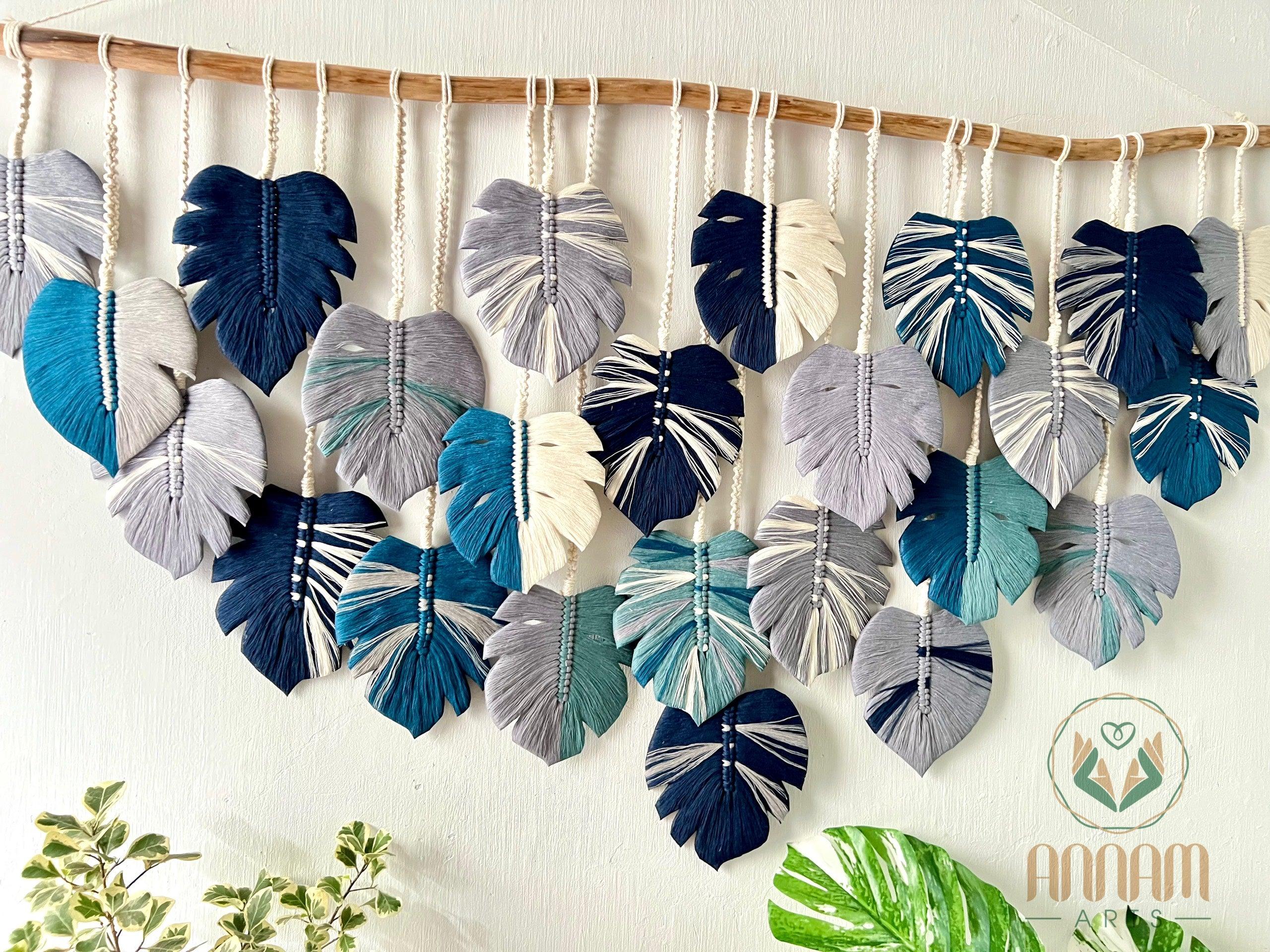 Macrame Monstera wall hanging Gray and navy blue LM02