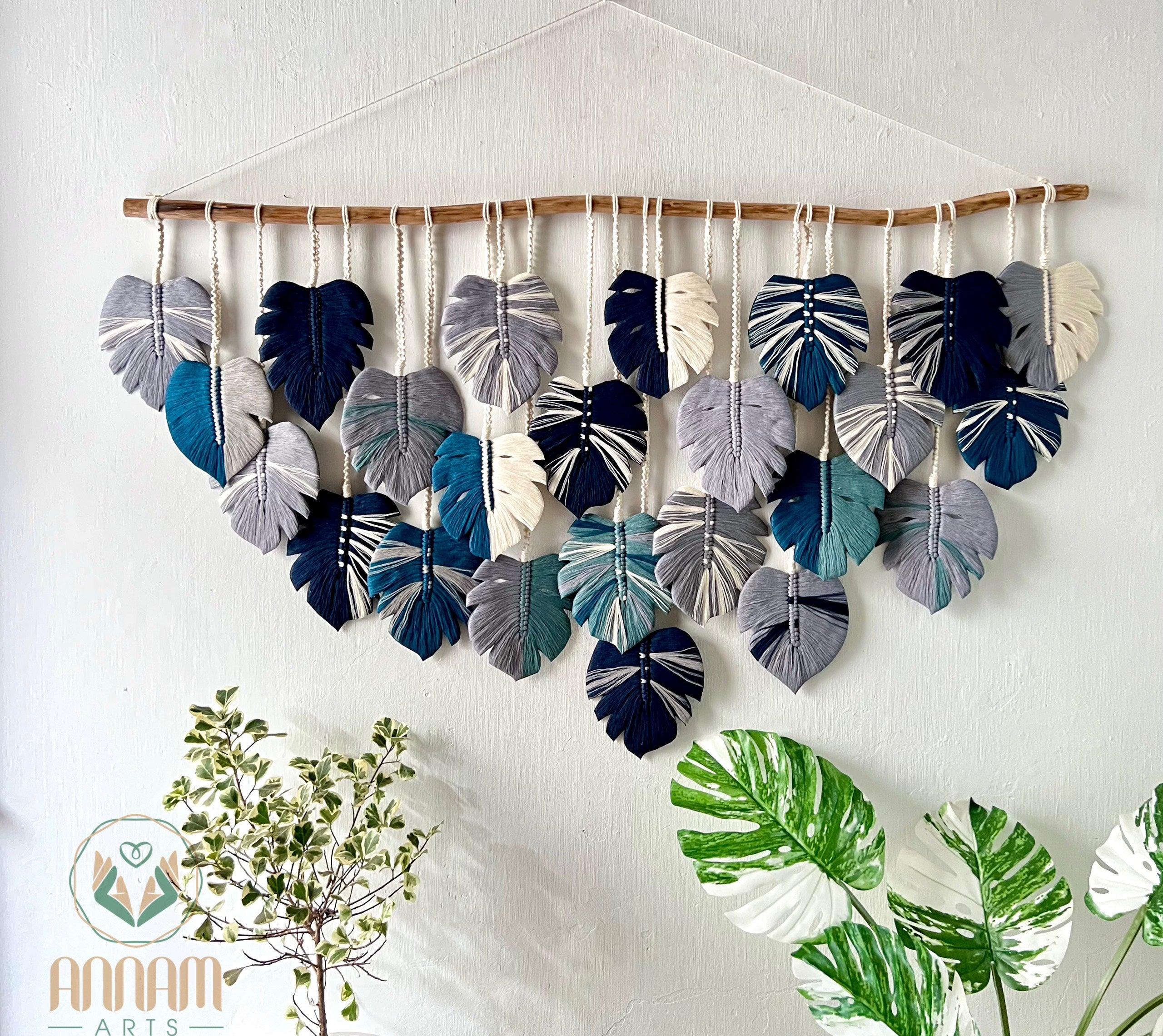 Macrame Monstera wall hanging Gray and navy blue LM02