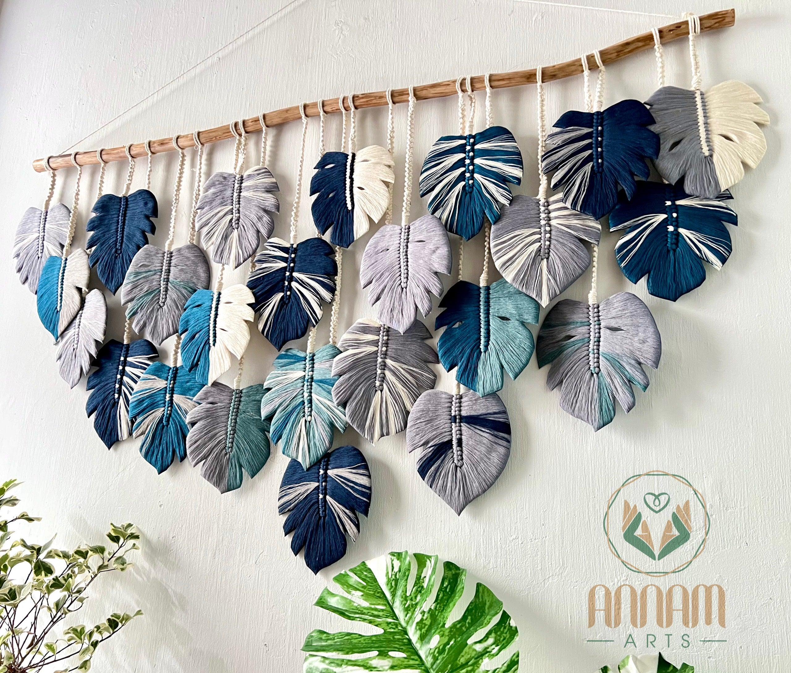 Macrame Monstera wall hanging Gray and navy blue LM02