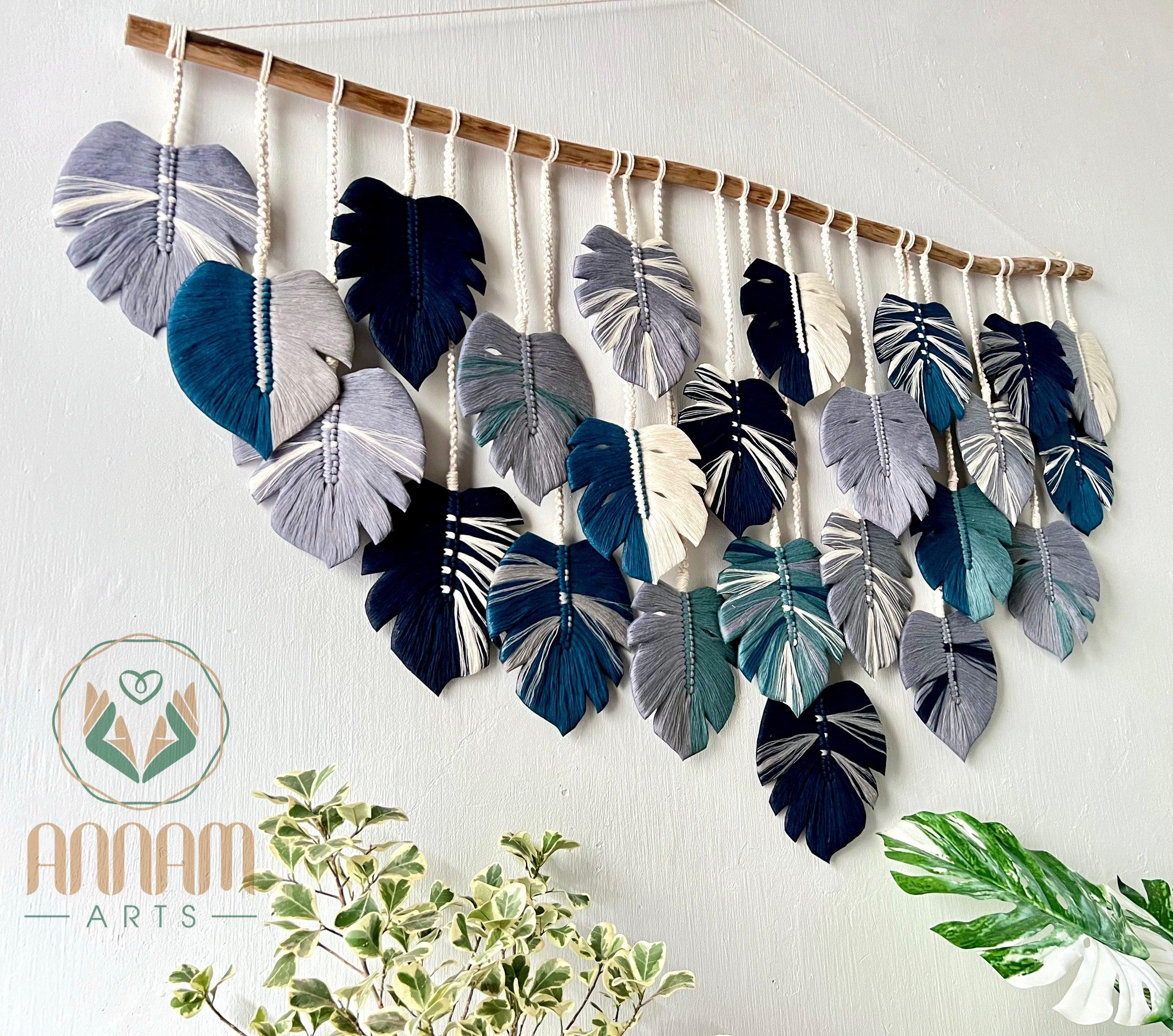 Macrame Monstera wall hanging Gray and navy blue LM02